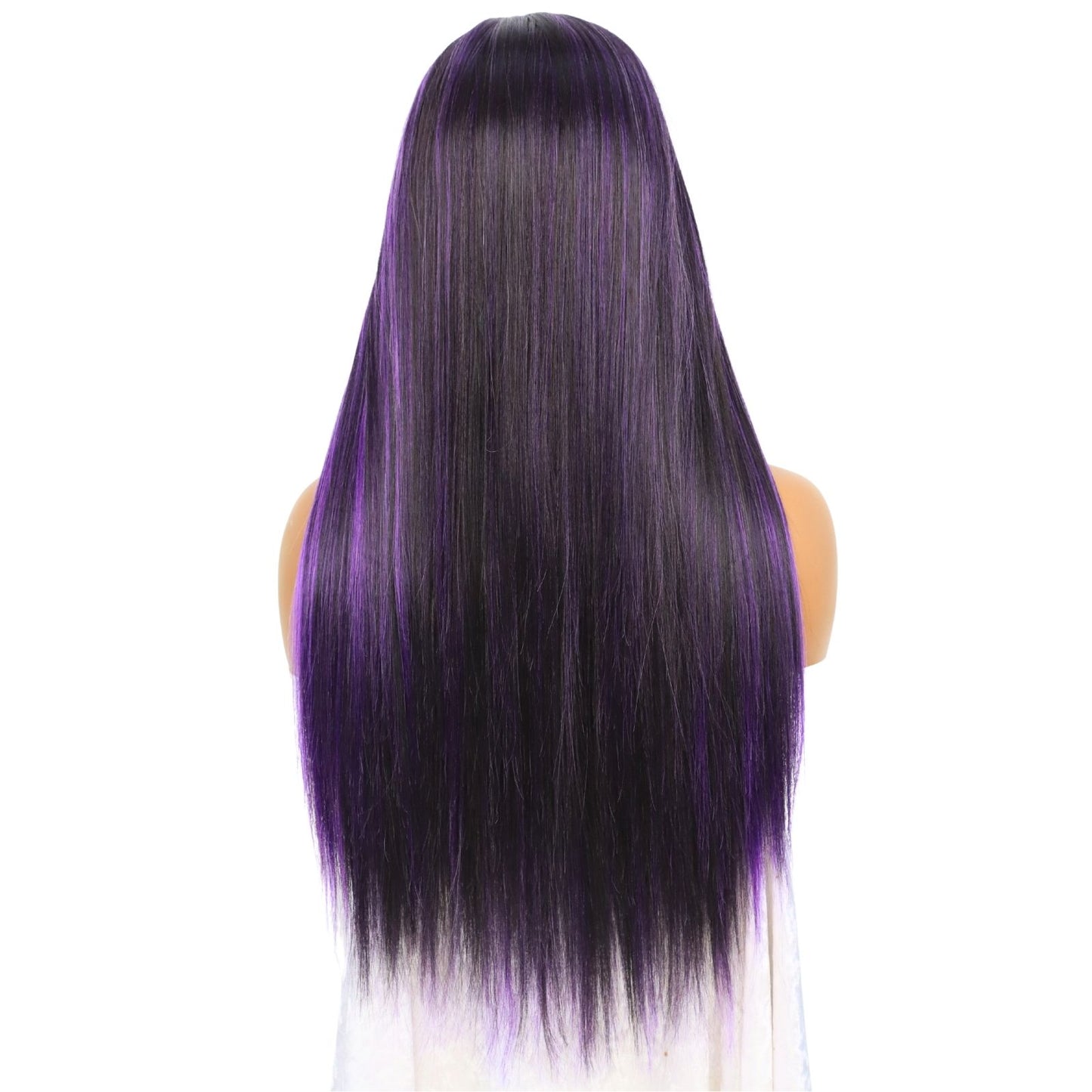 Ombre Purple Highlight Black Straight Lace Front Wig 13x4 Free Part HD Transparent Heat-Resistant Pre-Plucked Hairline 24" for Party Daily Use