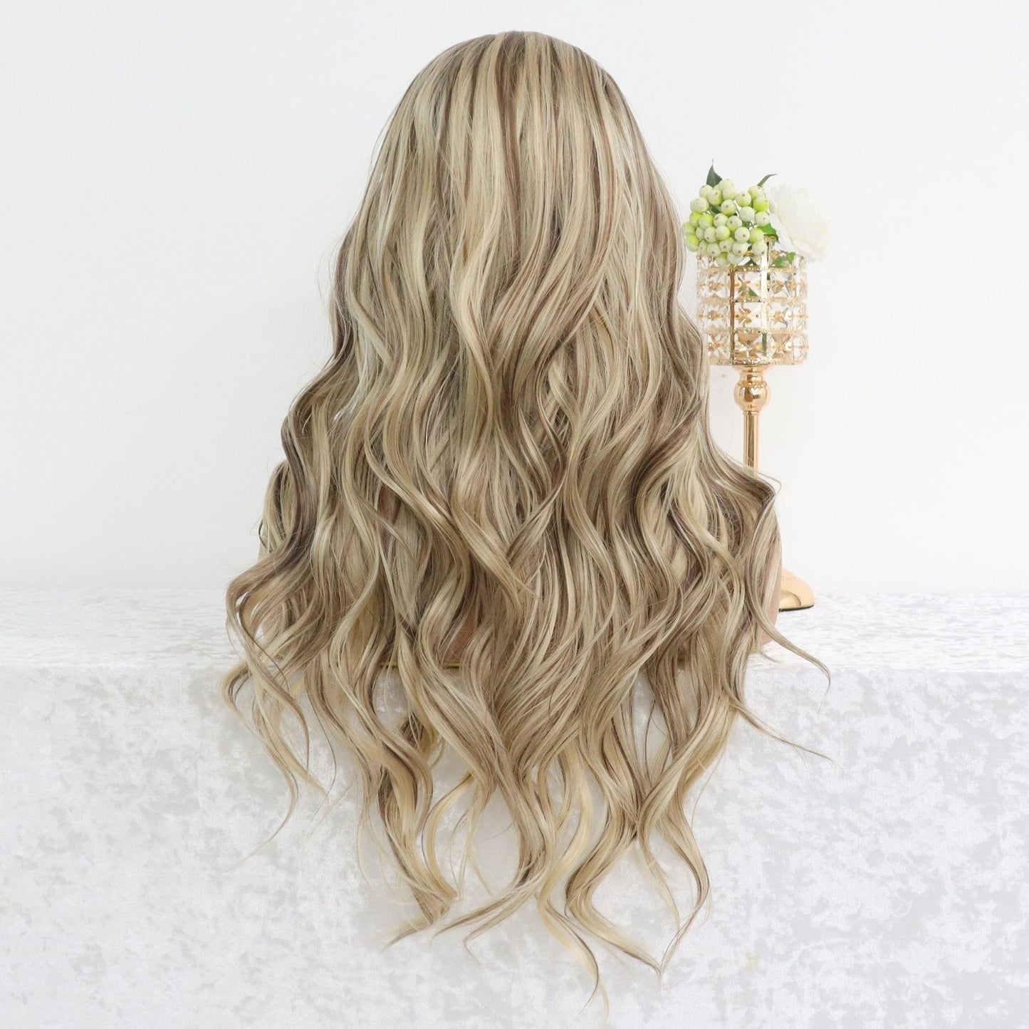 Ash Blonde Ombre Highlight Wavy Synthetic Lace Front Wig, Heat Resistant Fiber, 13x4 Free Part, Pre-Plucked Hairline Natural Look 24-Inch