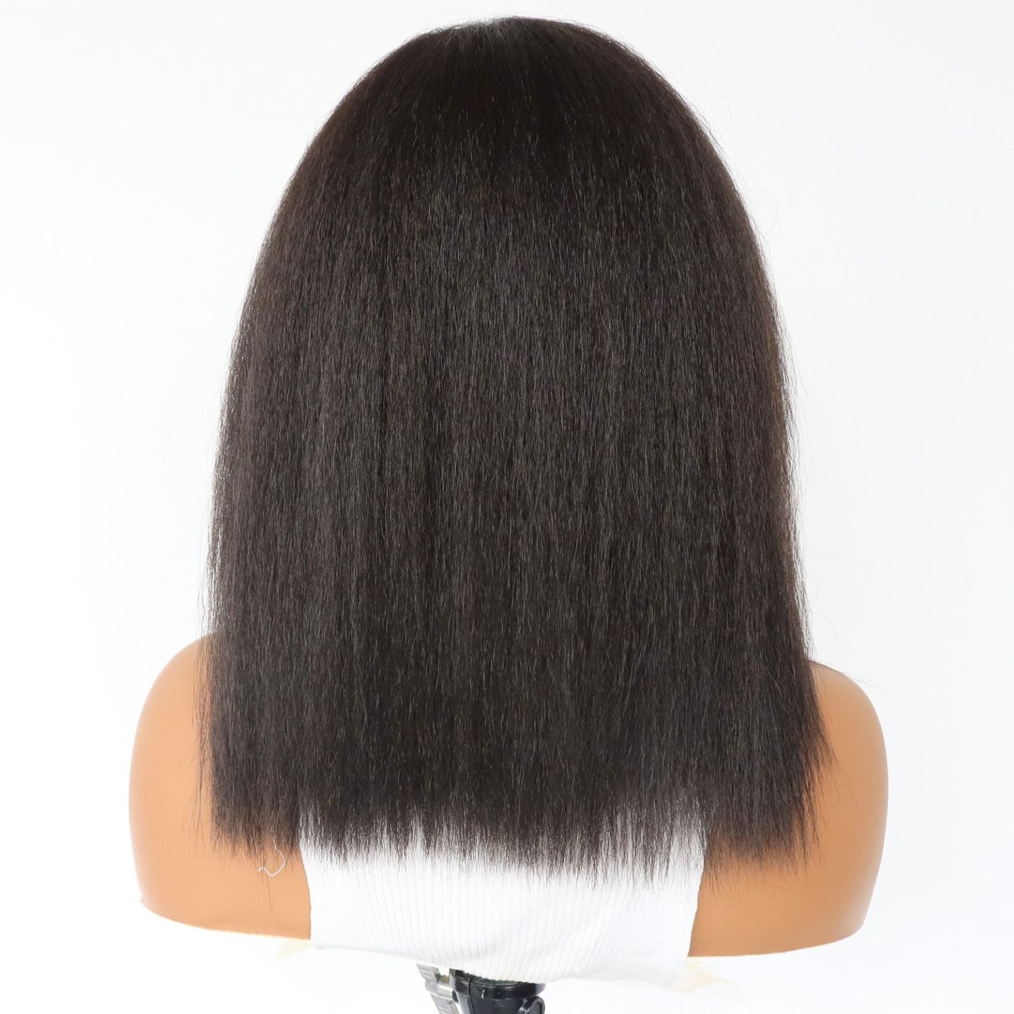 14 Inch Short Yaki Kinky Straight Lace Front Wig Dark Brown Heat-Resistant Synthetic Fiber HD Transparent Lace with 5" Deep Side Part