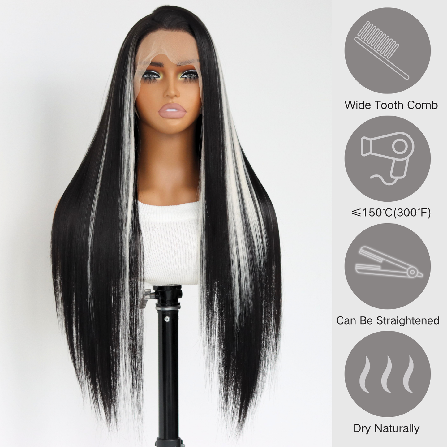 White Highlights 13×4 Lace Front Wigs White Skunk Stripes Synthetic Wig Glueless Breathable Fashion Wig Long Straight Black And white Striped Wig For Black Women(24Inch)