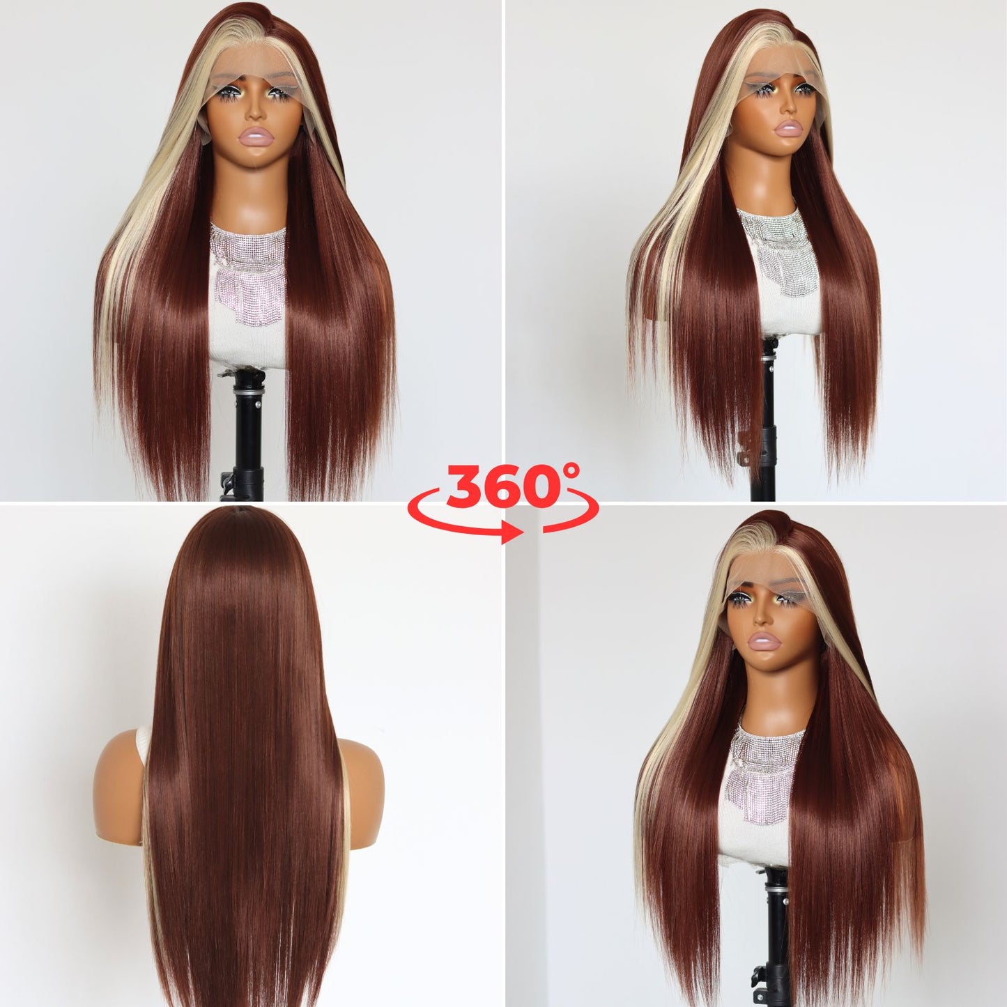 Reddish with Blonde Skunk Stripe Straight Synthetic Lace Front Wig 13X4 Party Daily Use 26 Inches