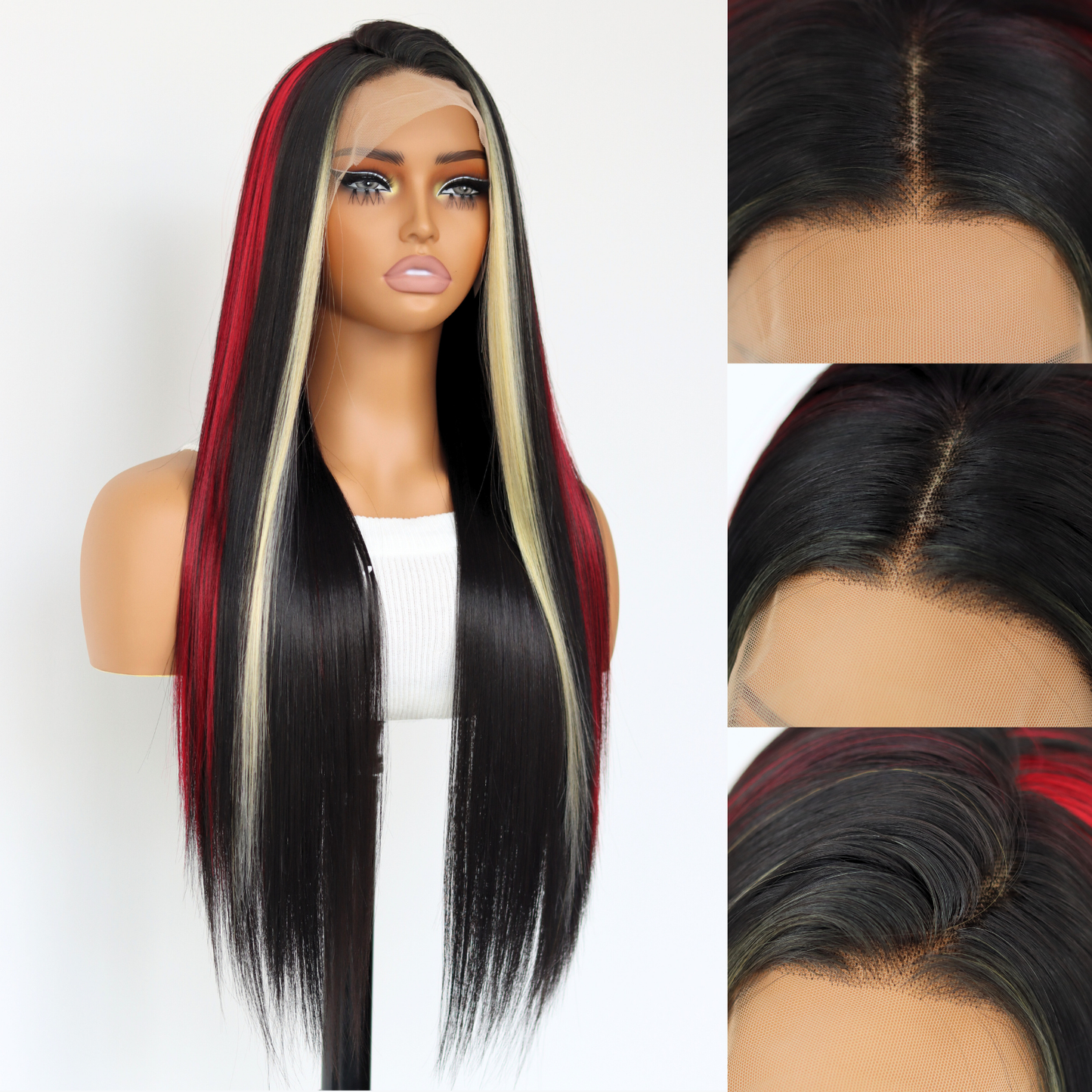 Skunk Stripes Red And Blonde Highlights Wig Black With Red Skunk Stripe Synthetic Heat-resistant Fiber Wig 13x4 Lace Front Wigs for Women Pre Plucked with Baby Hair 24 Inches
