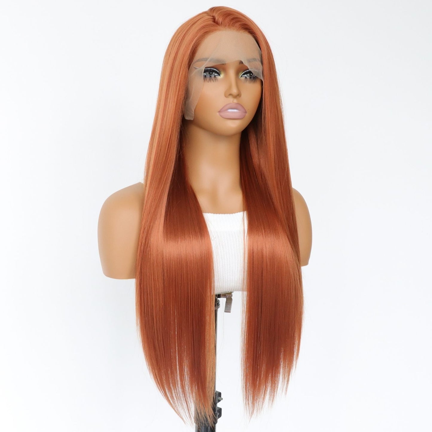Copper Orange Straight Synthetic Lace Front Wig Ginger Orange Heat Resistant HD Transparent & Pre Plucked Free Part 13x4 Party Daily Use 24-Inch