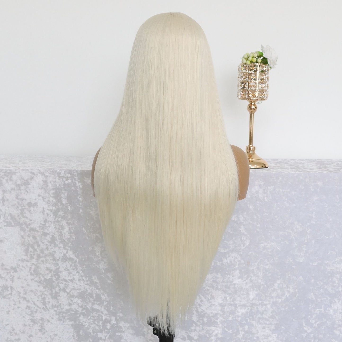 Cream White Lace Front Synthetic Wig 28" Straight Heat Resistant Fiber 13x4 HD Transparent Lace Free Part  for Women Daily Use
