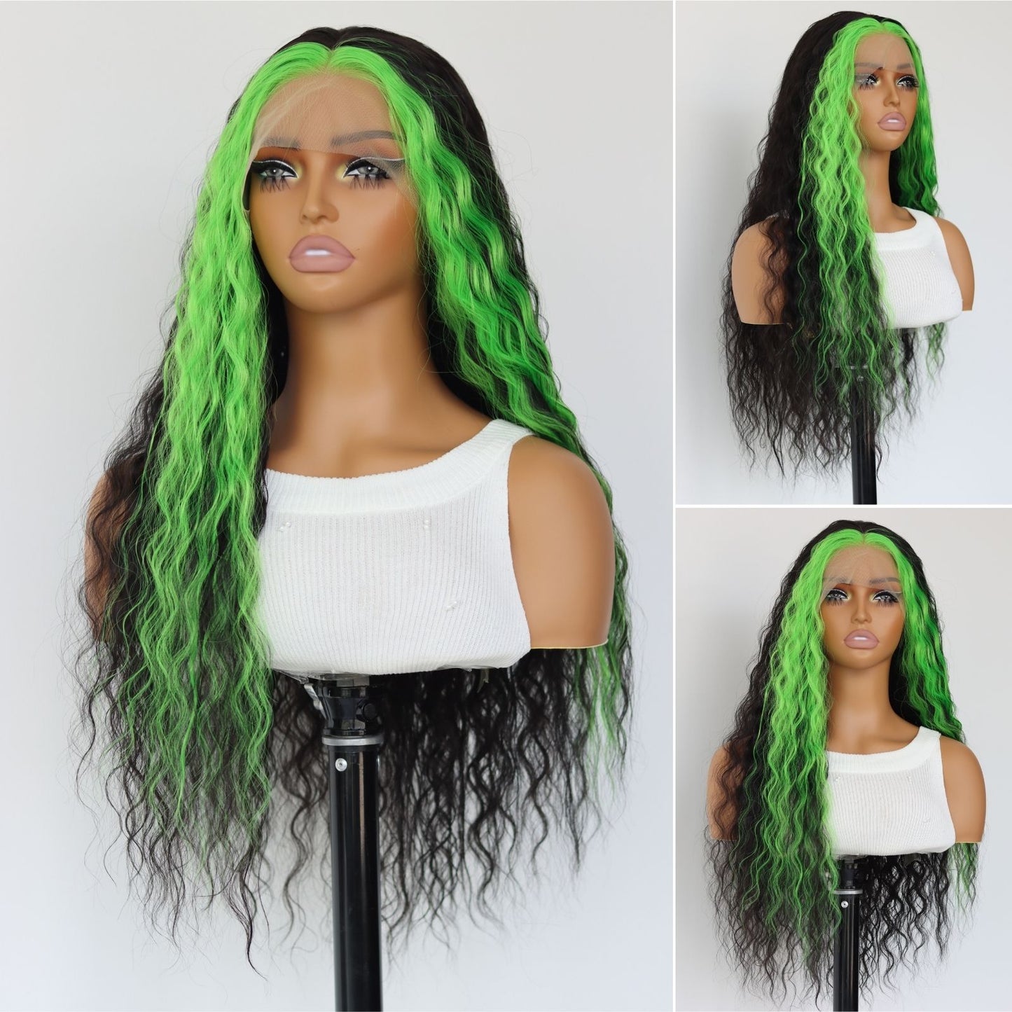Highlight Green Black Loose Curly Synthetic Lace Front Wig13x4 for Halloween Cosplay Use 32 Inch