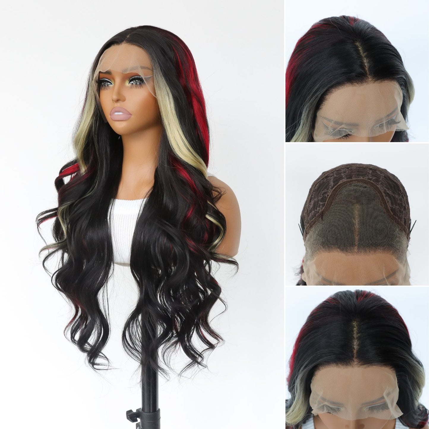 Highlight Blonde Red Black Skunk Stripe Body Wave Ombre Synthetic Lace Front Wig 13X4 Party  Daily Use 24 Inches