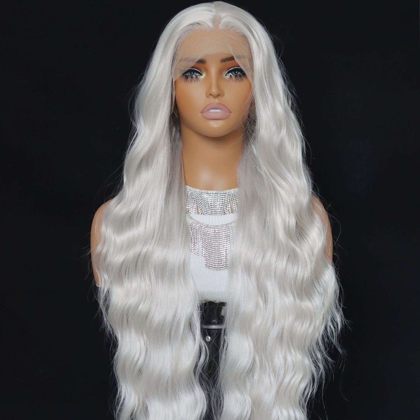 Gray White Wave Synthetic Lace Front Wig13x4 for Halloween Cosplay Use 32 Inch