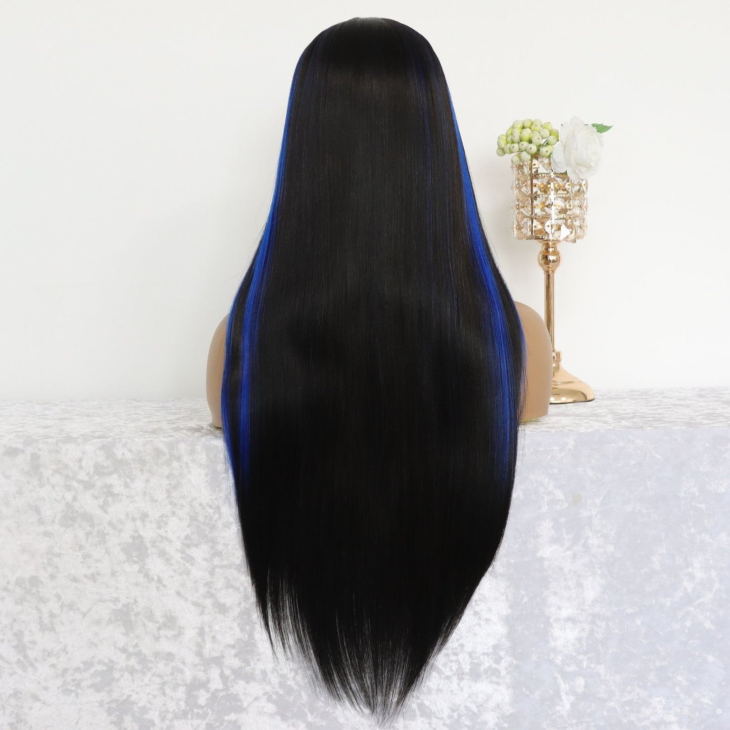 Highlight Blue Black Straight Synthetic Lace Front Wig 13X4 Party Daily Use 26 Inches
