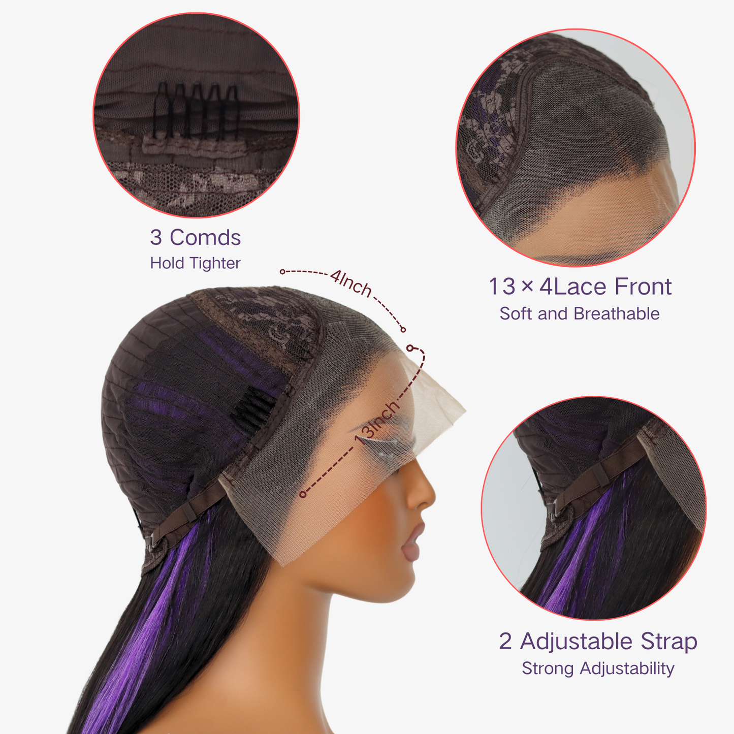Purple Highlights Synthetic Wig Purple Skunk Stripes 13×4 Lace Front Wigs Pre Plucked Glueless Heat-resistant Fiber Suitable For Black Women Daily Party Wear(24Inch)