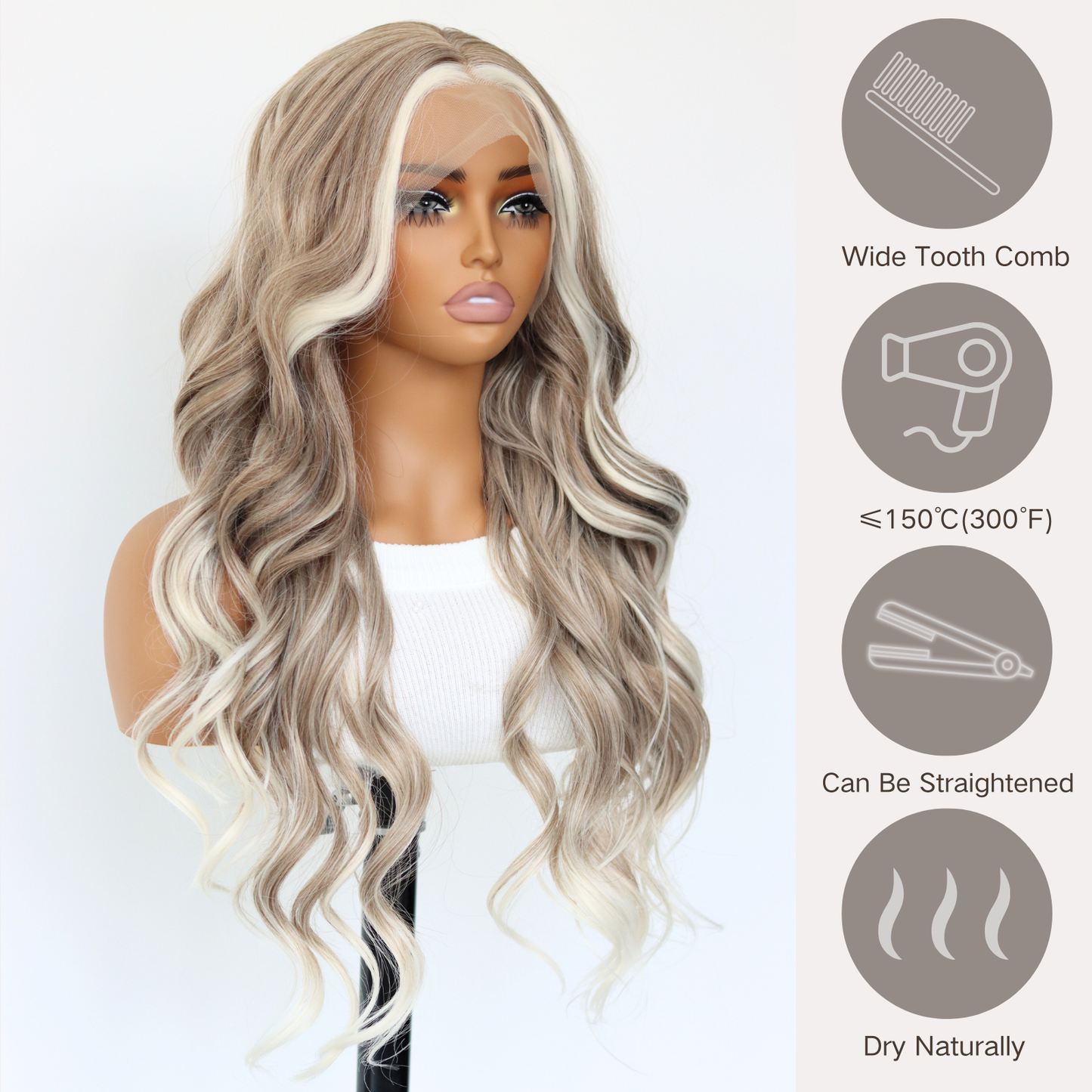 Ombre Blonde Wavy Synthetic Wig 13×4 Lace Front White Skunk Stripes Wave Wig Heat-resistant Synthetic Wig For Black Women Daily Party Wear(24Inch)