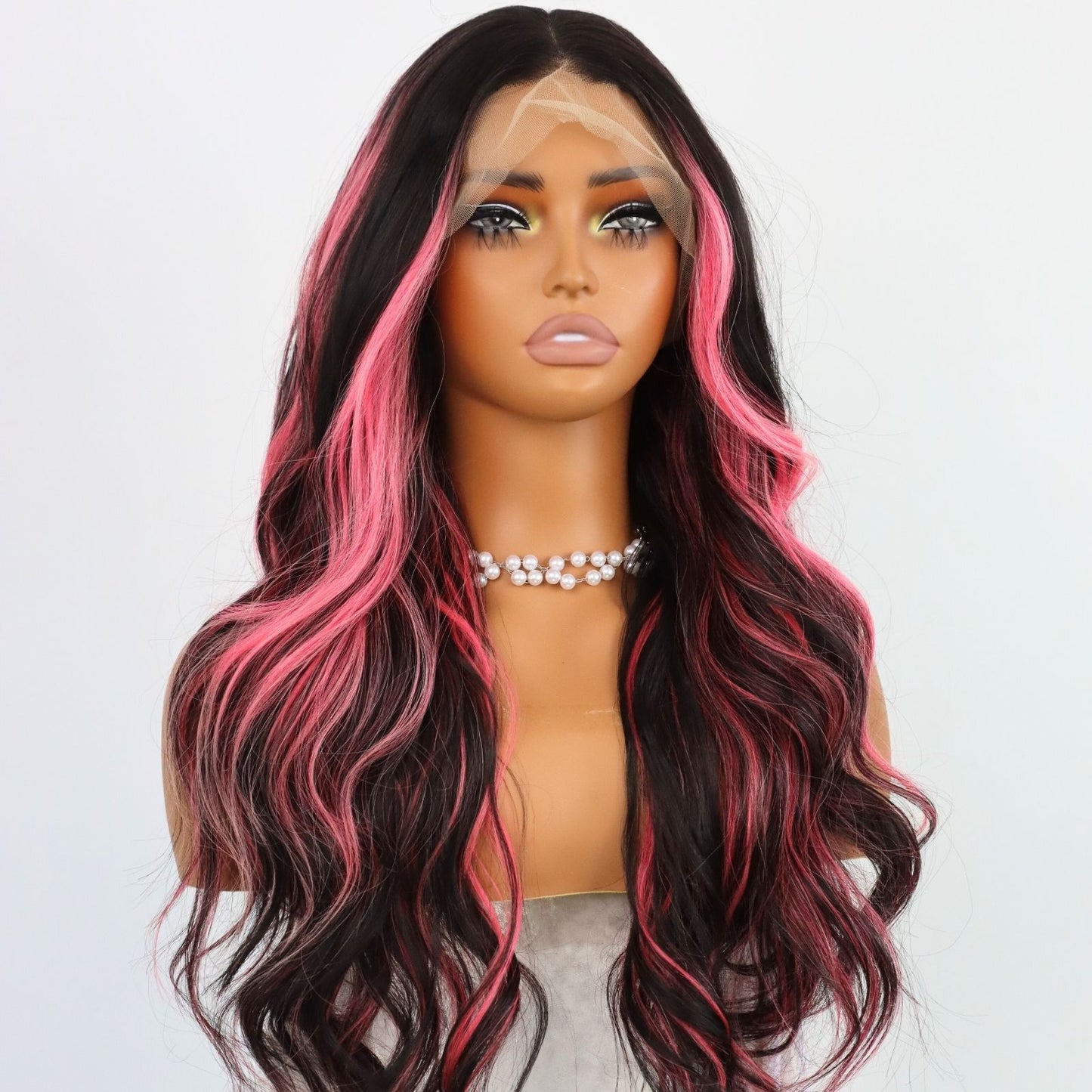 Pink Highlight Black Lace Front Wig Long Loose Wavy Synthetic Wig Heat-Resistant Pre-Plucked Hairline 13x4 HD Transparent Free Part 24" for Party Daily Use