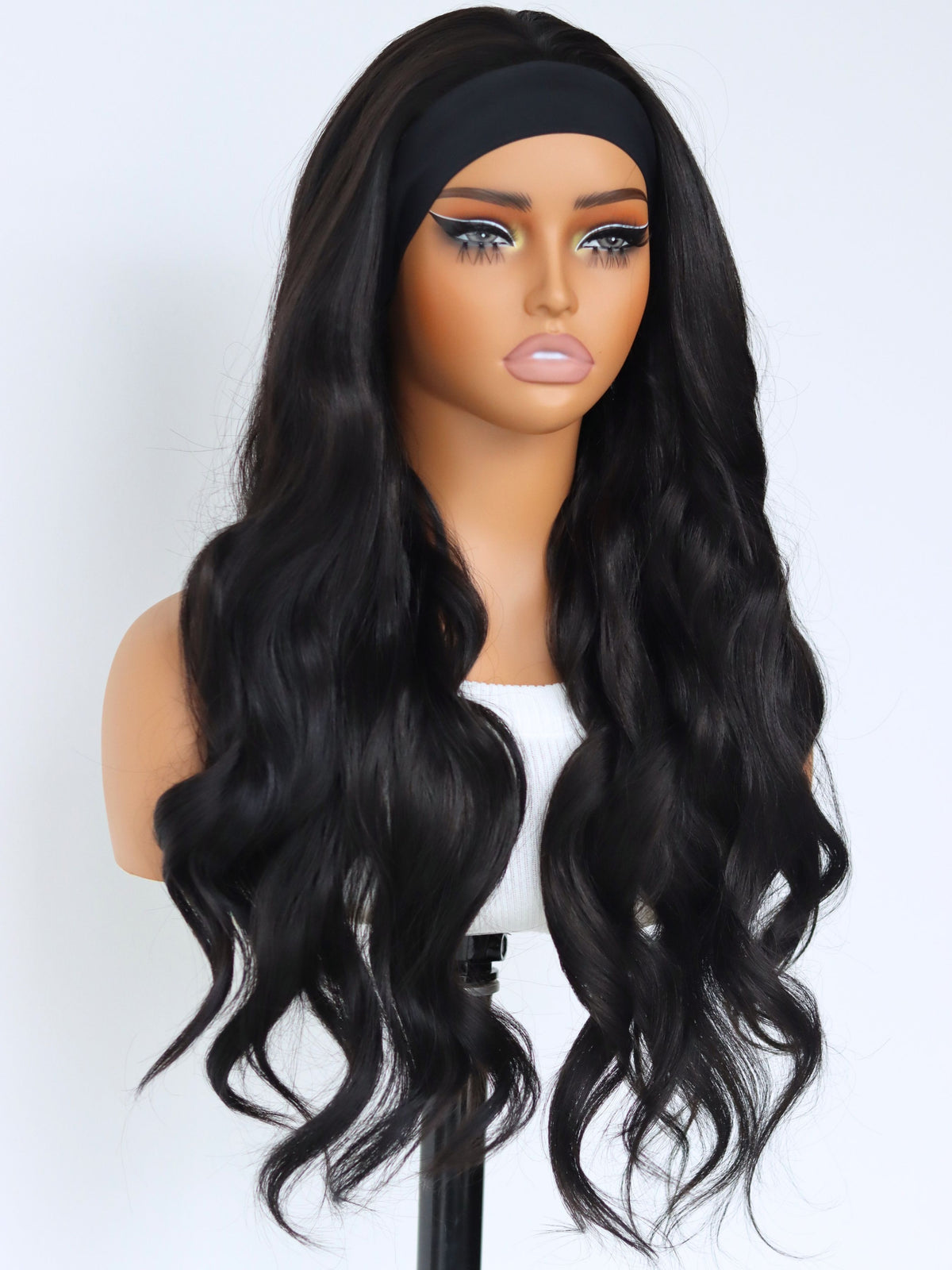 Black Body Wave Headband Wig 24 Inch Heat-Friendly Synthetic Hair Glueless Easy Wear & Go Style for Beginners