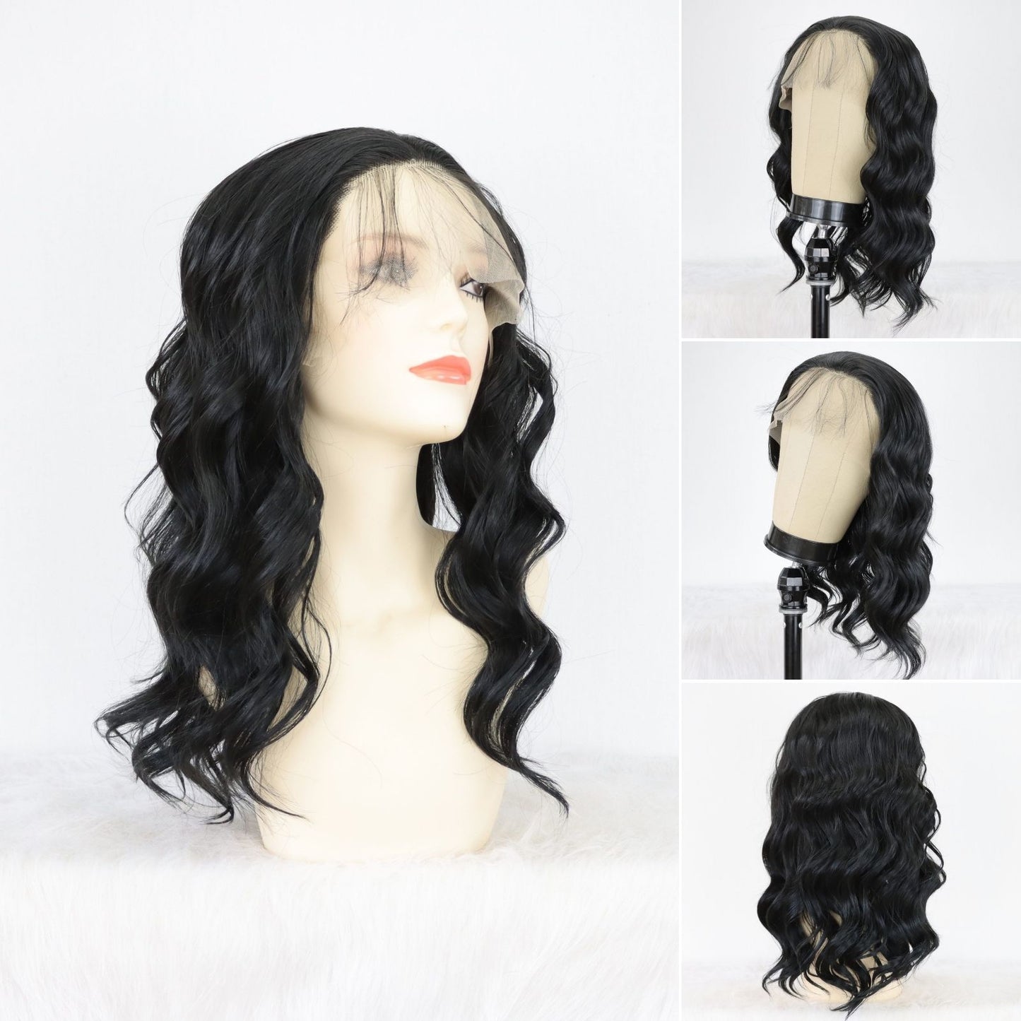 Black Short Wavy Synthetic Lace Front Wig Bob Style 13x4 for Party Everyday Use 14 Inch