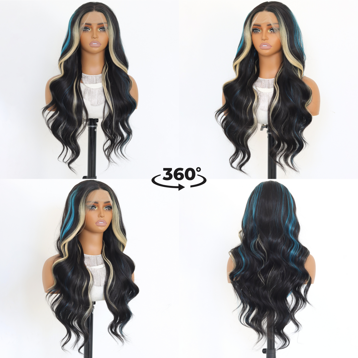 Highlight Blue Skunk Stripes Blonde Synthetic Lace Front Wigs Blue Blonde Highlights Wavy Wigs for Women Pre Plucked Hairline With 24 Inches 150 Density