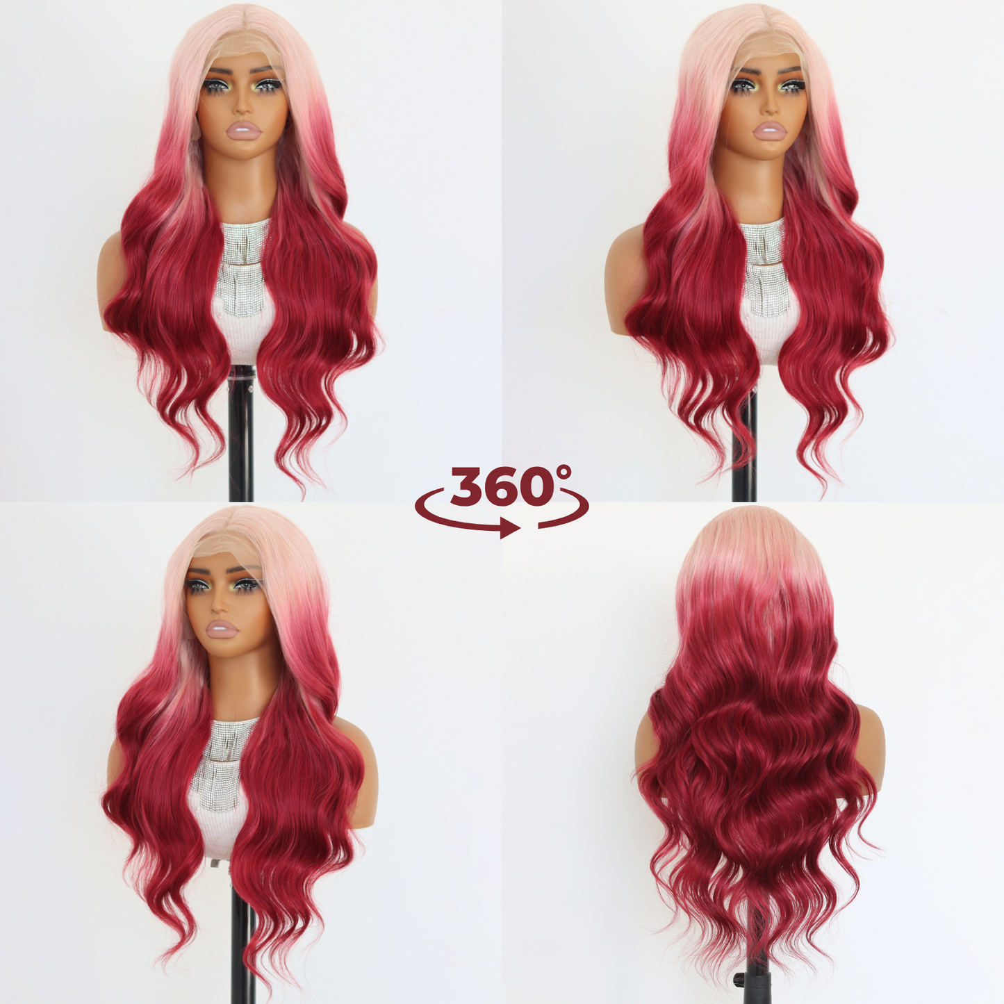 Ombre Pink Lace Front Wigs Long Body Wave Synthetic Wig Ombre Pink Wavy Synthetic Wigs with Light Blonde Roots For Women's Daily Party Wear(24Inch)
