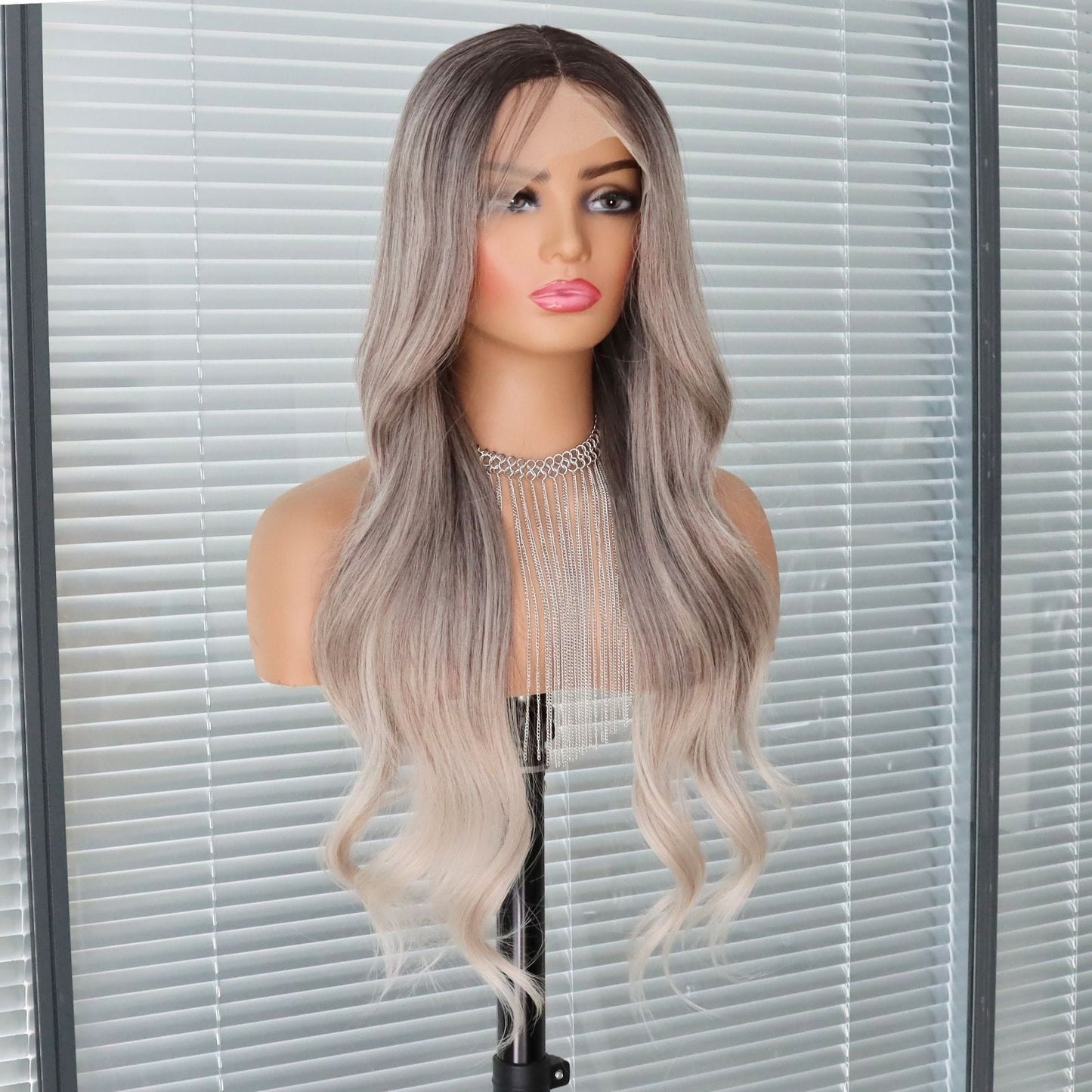Silver Light Grey Ombre Lace Front Synthetic Wig with Dark Ash Brown Roots 24 Inch 13x4 Long Loose Wave Heat-Resistant HD Lace Free Part for Daily & Party Wear