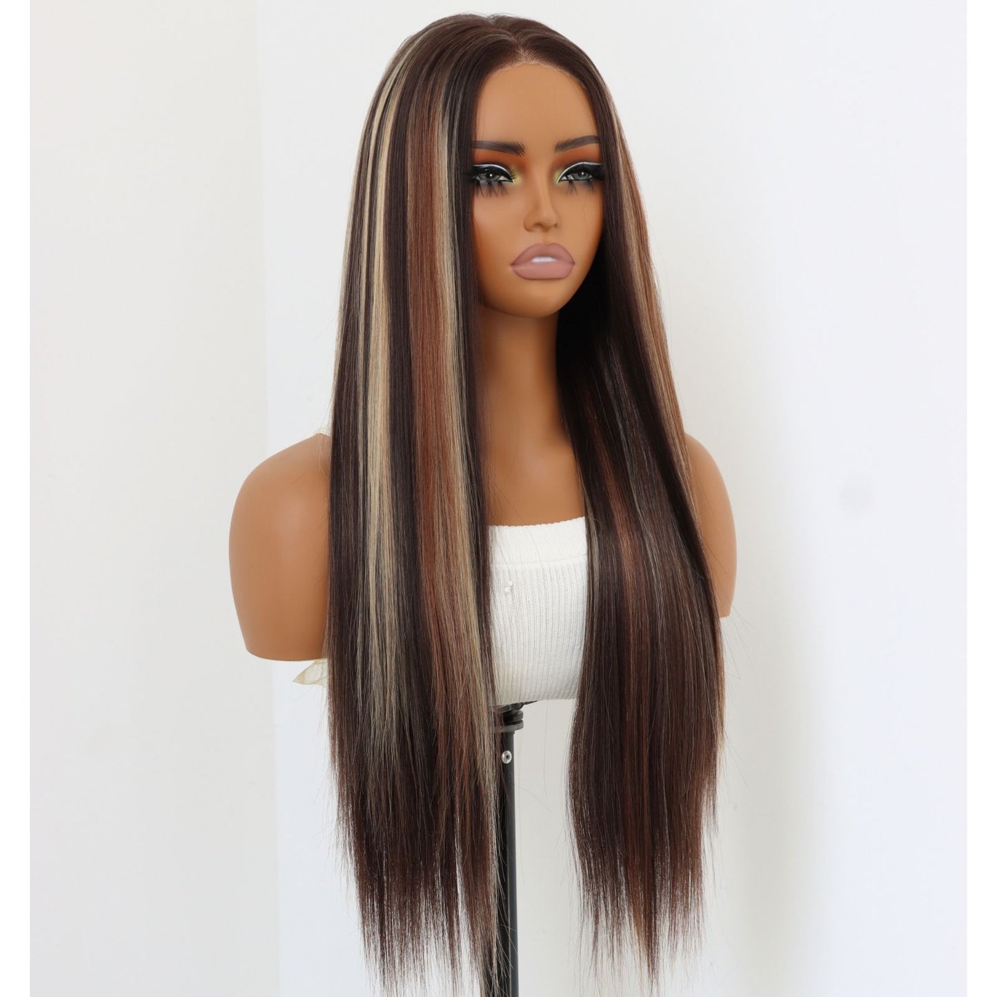 Reddish Brown Mix Blonde Highlight Natural Straight 24 inches 7X5 Pre Cuted Free Part Lace Front Women's Wig Heat Friendly