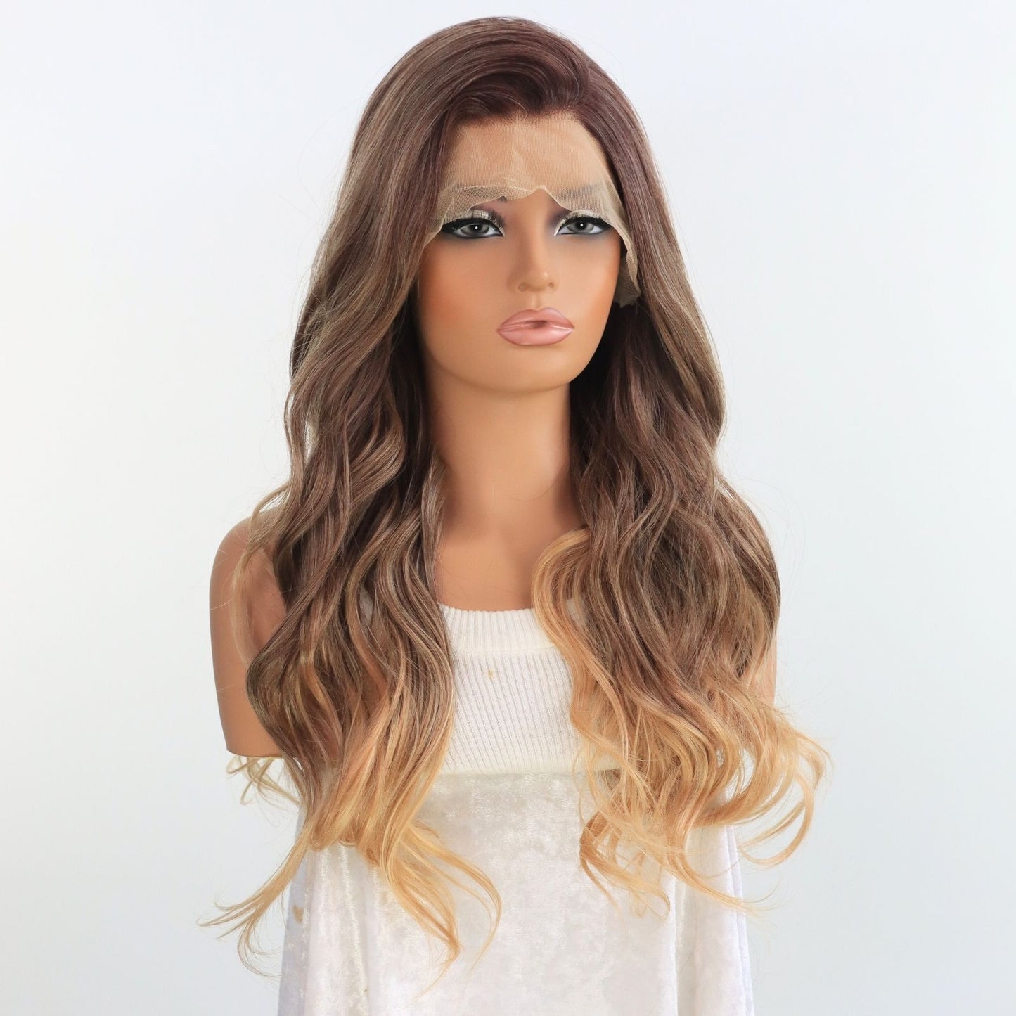 Champagne Gold Ombre Reddish Brown Lace Front Wig with Dark Roots Heat-Resistant Pre-Plucked Hairline 13x4 Free Part HD Transparent 24" for Party Daily Use
