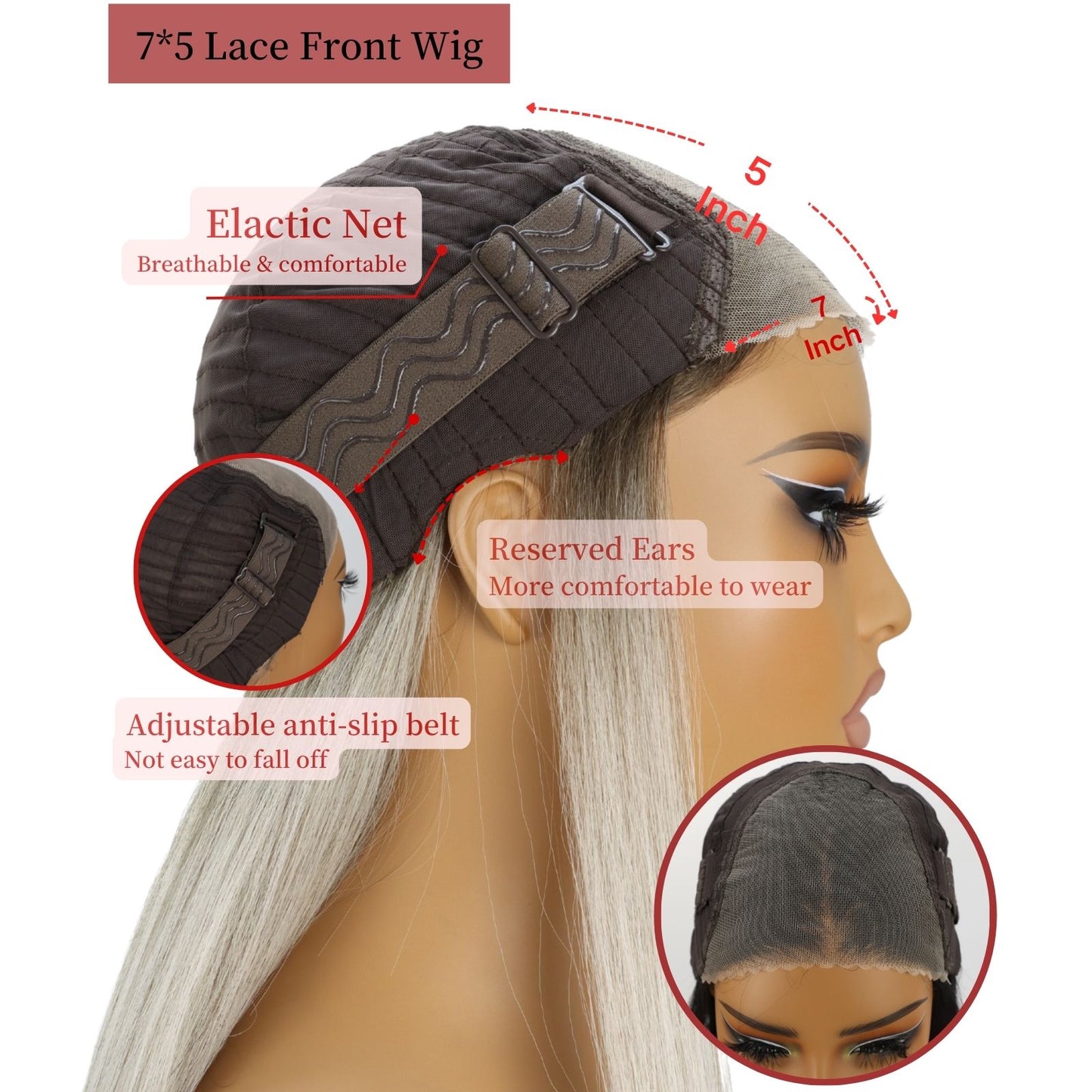 Ombre Ash Gray Straight Synthetic Lace Front Wig Pre Cuted 7x5 Daily Use 24 Inches