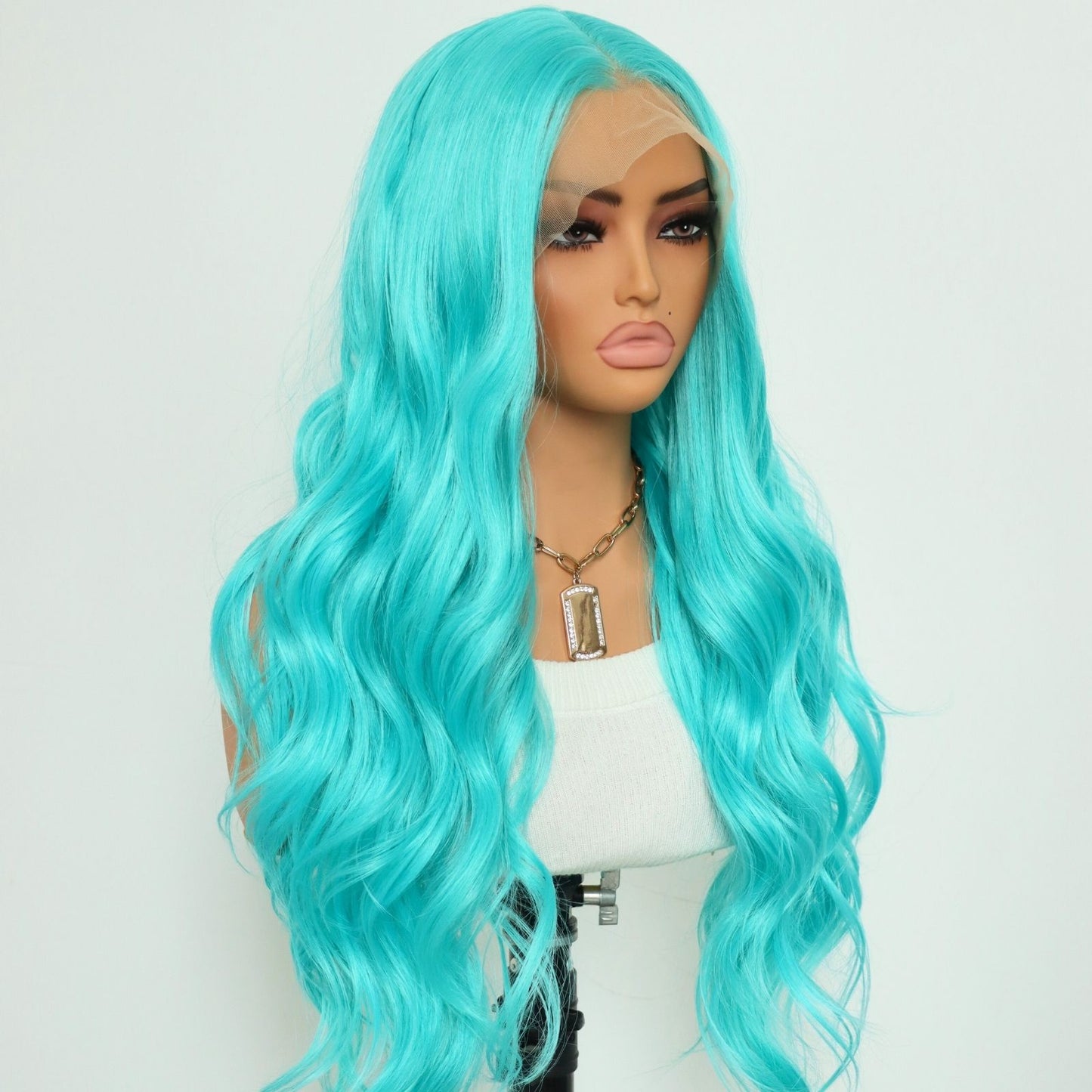 Turquoise Blue Long Body Wavy Synthetic Lace Front Wig 13x4 Pre-Plucked Hairline Free Part 24 Inches