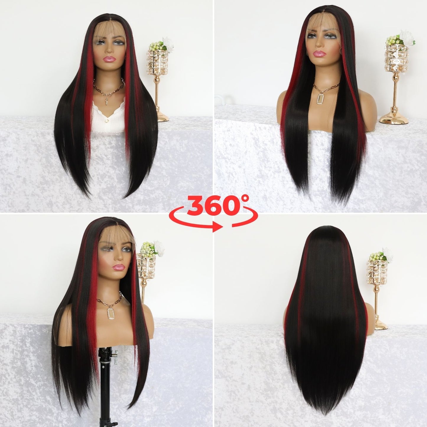 Highlight Red Black Straight Synthetic Lace Front Wig 13X4 Party Daily Use 26 Inches