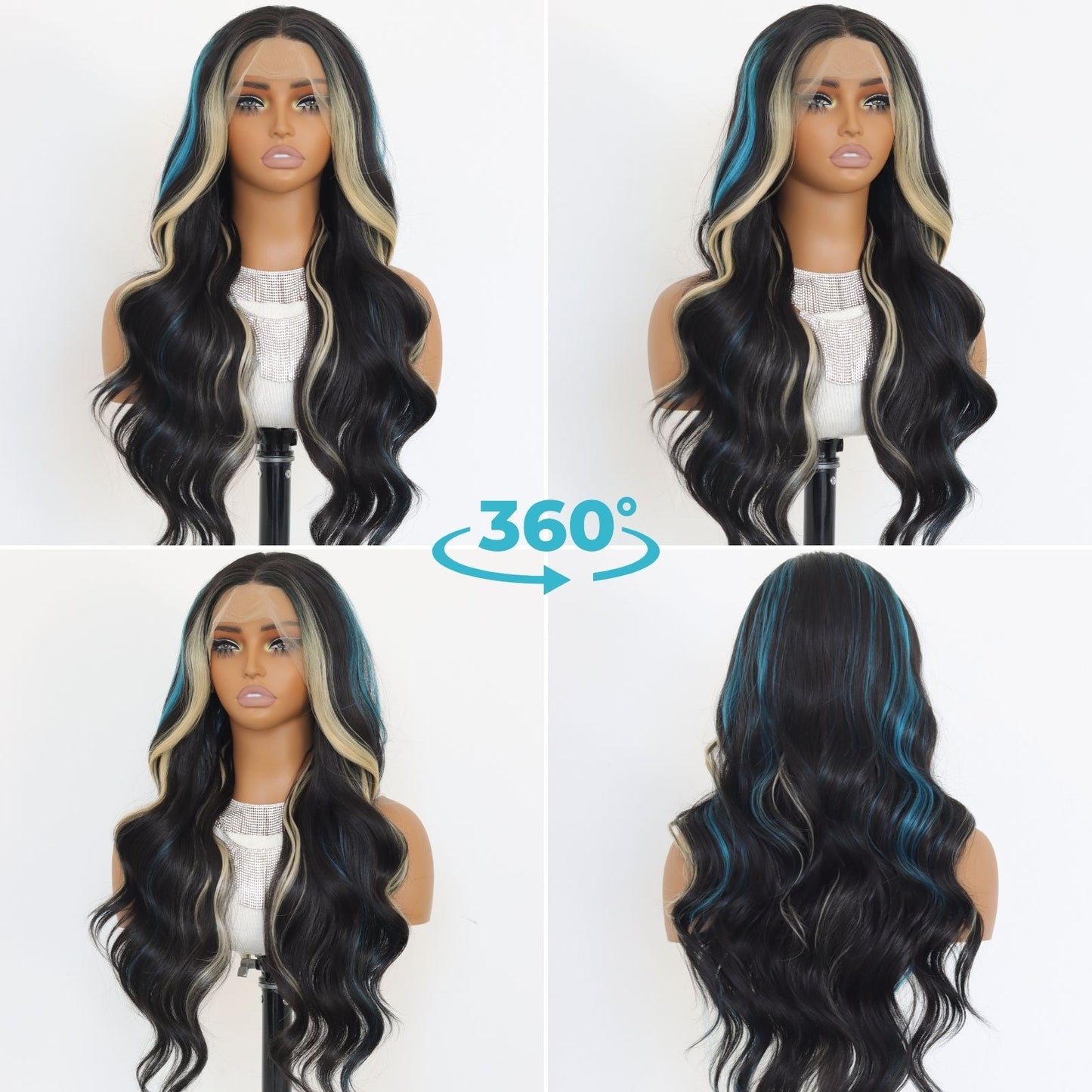 Highlight Blonde & Blue Black Body Wave Ombre Synthetic Lace Front Wig 13X4 Party  Daily Use 24 Inches