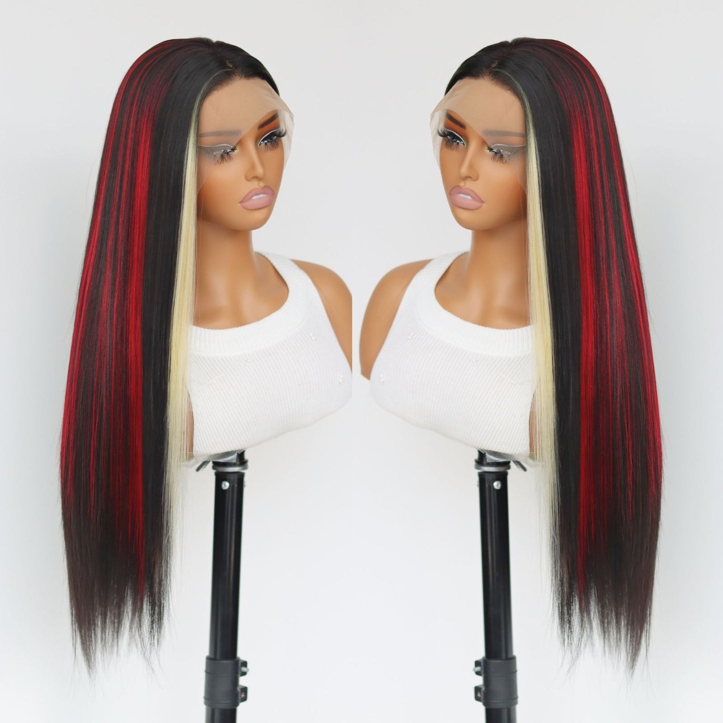 Highlight Red Blonde Black Mixed Straight Synthetic Lace Front Wig 13X4 Party Daily Use 26 Inches