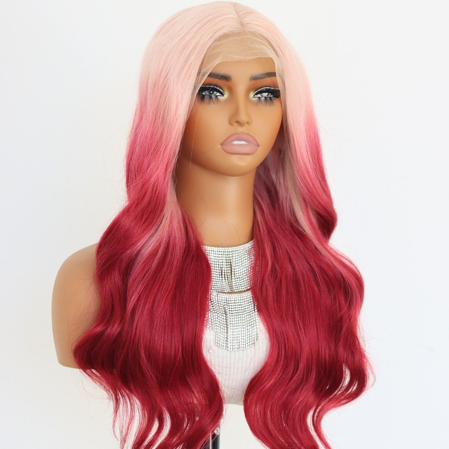 24 Inch Pink to Burgundy Ombre Wavy Synthetic Lace Front Wig Heat Resistant Fiber 13x4 Free Part Pre-Plucked Hairline Natural Look