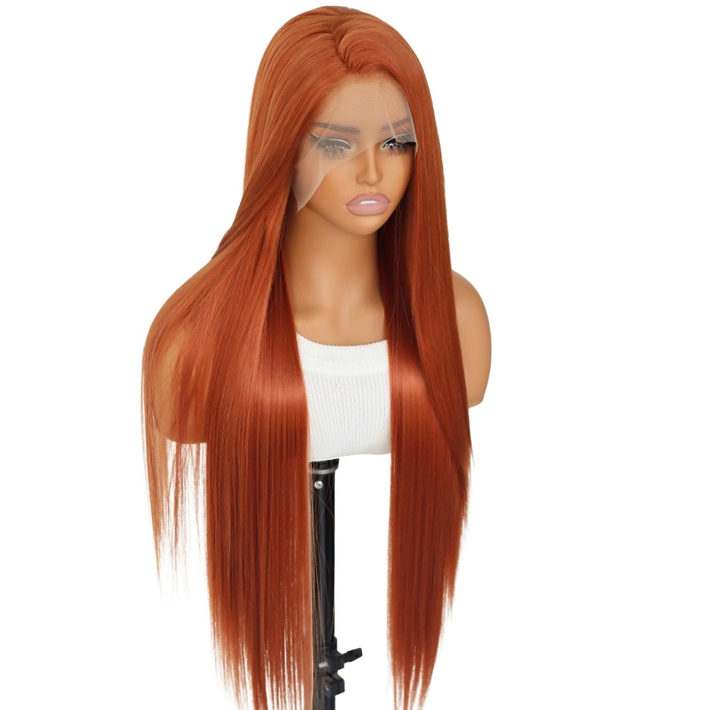 Copper Orange Straight Synthetic Lace Front Wig Ginger Orange Heat Resistant Pre Plucked Free Part 13x4 Party Daily Use 32 Inches