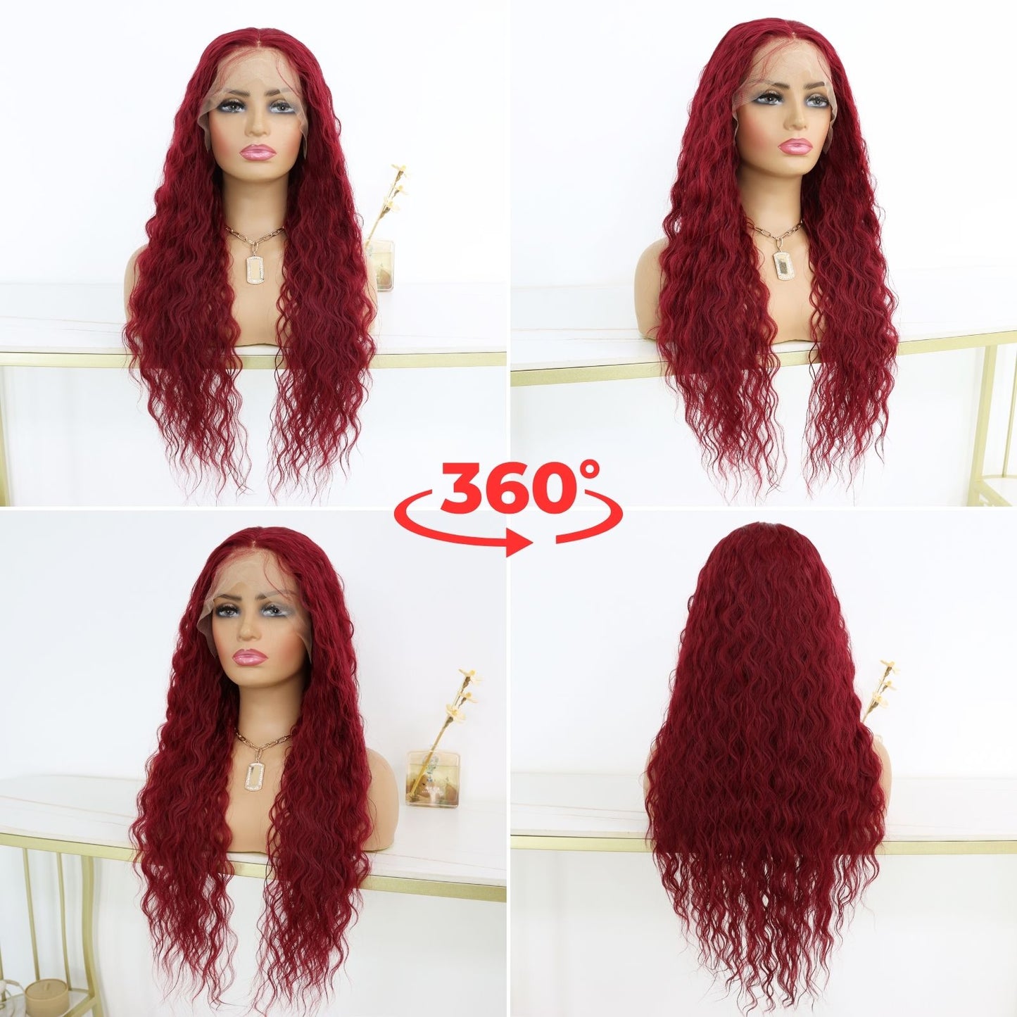 Burgundy Long Curly Synthetic Lace Front Wig 13x4 for Party Daily Use 32 Inch