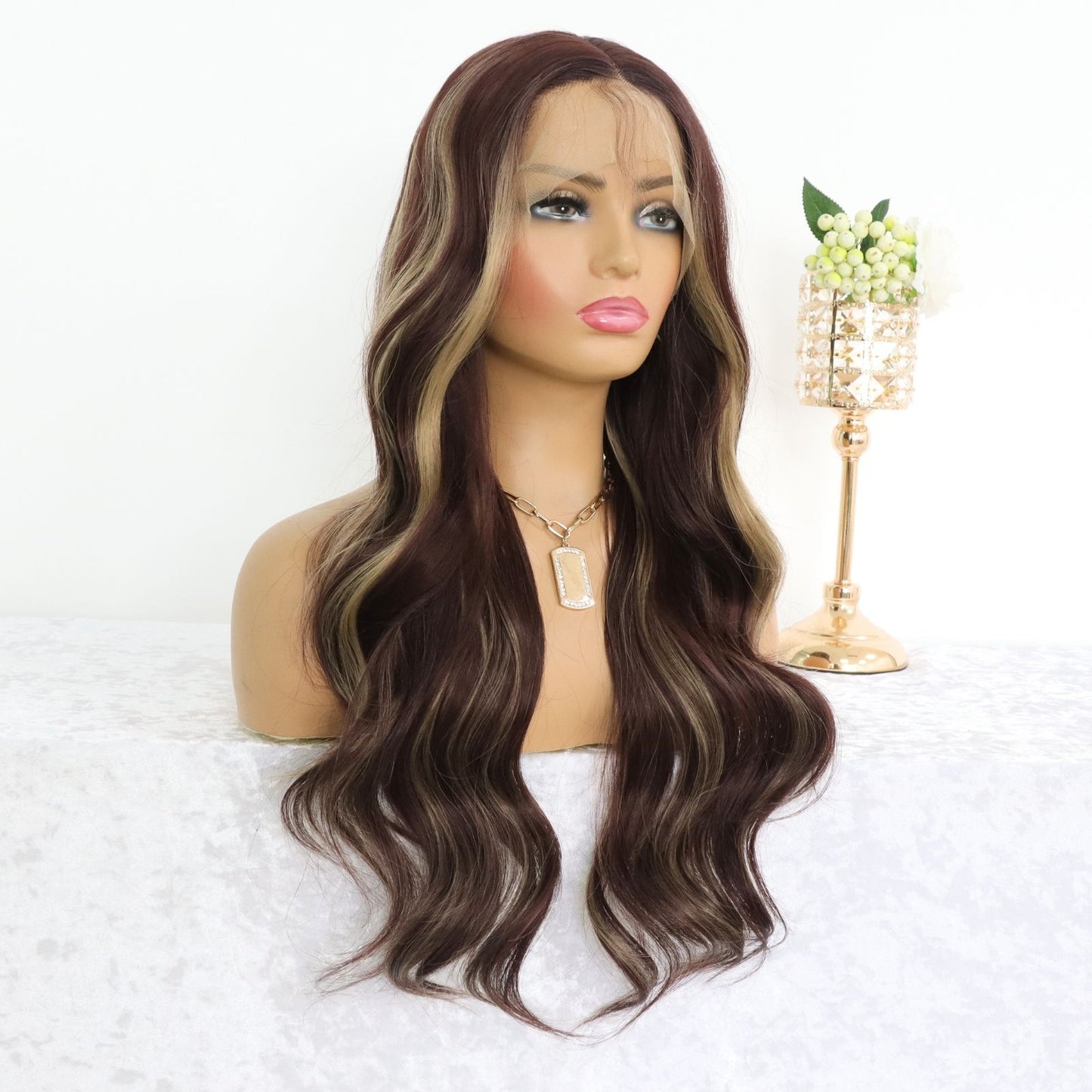 Hazelnut Lace Front Wig with Honey Blonde Highlight Long Wavy Synthetic Wig Loose Curls Heat-Resistant & Pre-Plucked Hairline Wig 13x4 HD Transparent Free Part Natural Looking 24"