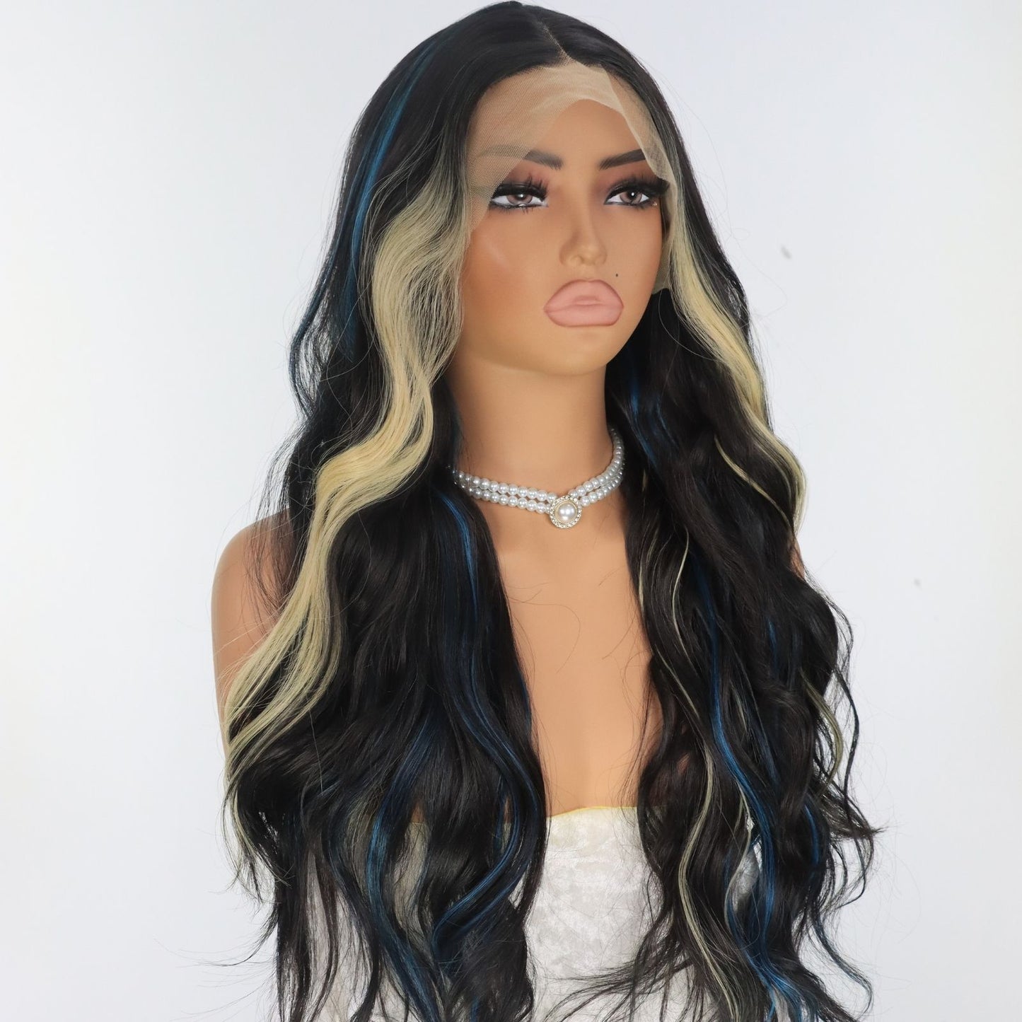 Blue & Blonde Highlights Black Body Wavy Synthetic Lace Front Wig Heat Resistant Pre Plucked 13x4 Party Daily Use 24 Inches