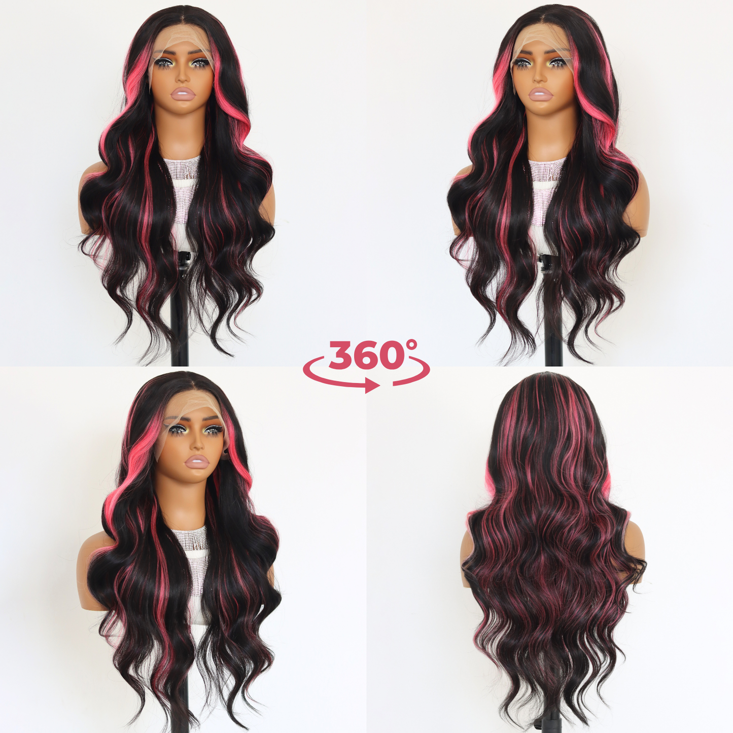 Pink Highlights Lace Front Wig Pink Skunk Stripe Synthetic Wavy Wigs 13×4 Lace Front Wig Pink and Black Colored Wigs 150% Density 24 Inch For Black Women
