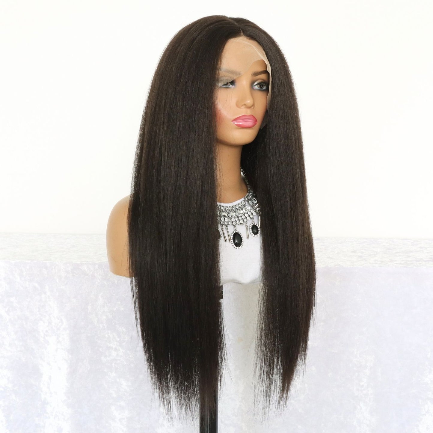 Long Yaki Straight Synthetic Lace Front Wig 13x4, 24" Black Heat-Resistant Fiber, Free Part, Natural Look
