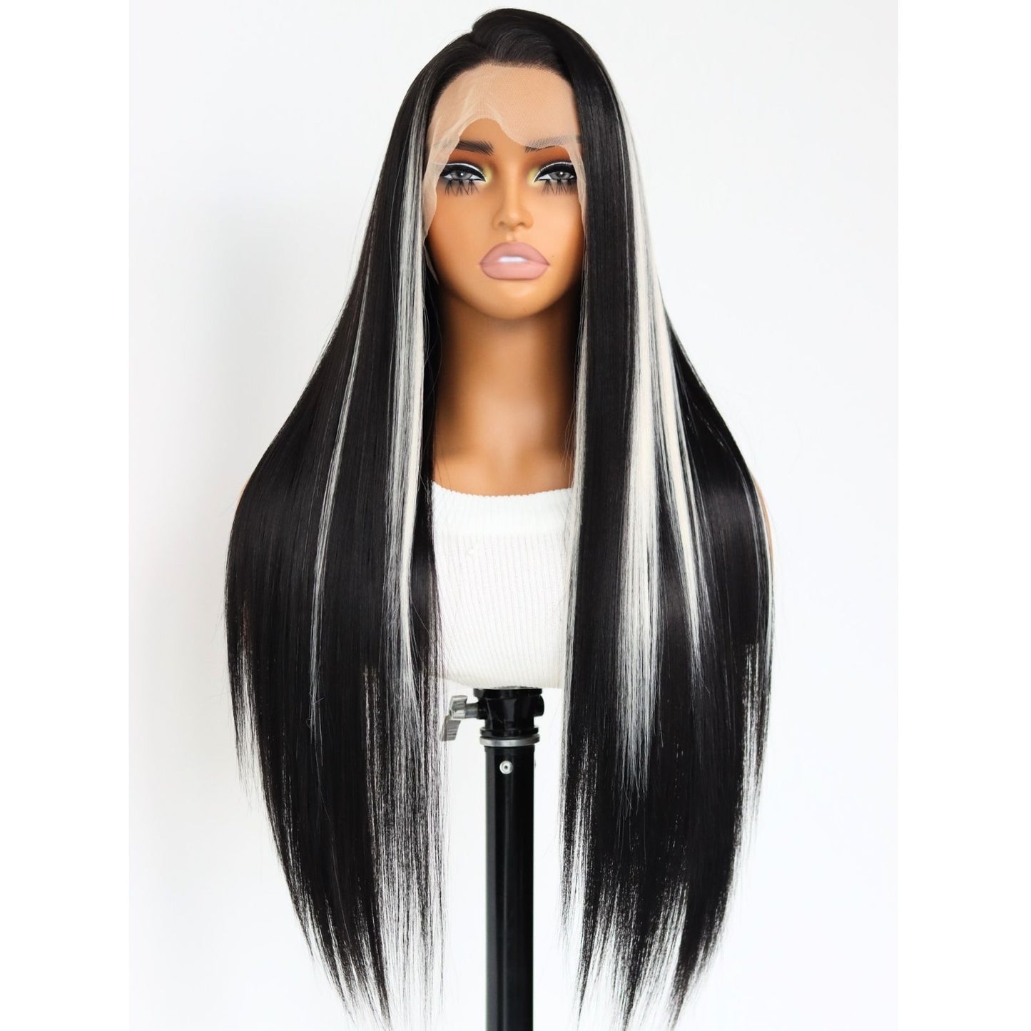 Highlight White Black Straight Synthetic Lace Front Wig 13X4 Party Daily Use 26 Inches