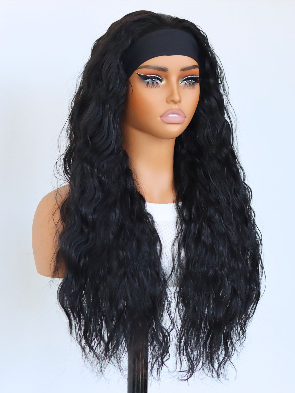 Black Deep Wave Headband Wig 22 Inch Curly Heat-Resistant Synthetic Hair Glueless Friendly for Beginner
