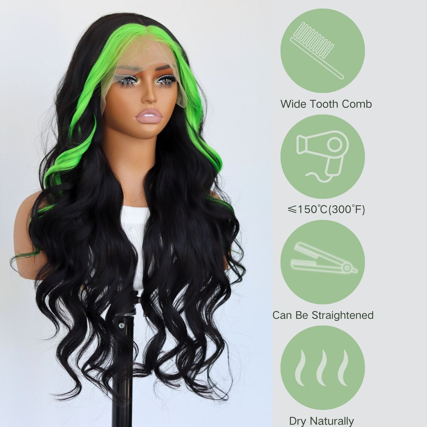 Highlight Green Black Body Wave  Synthetic Lace Front Wig 13X4 Party  Daily Use 24 Inches