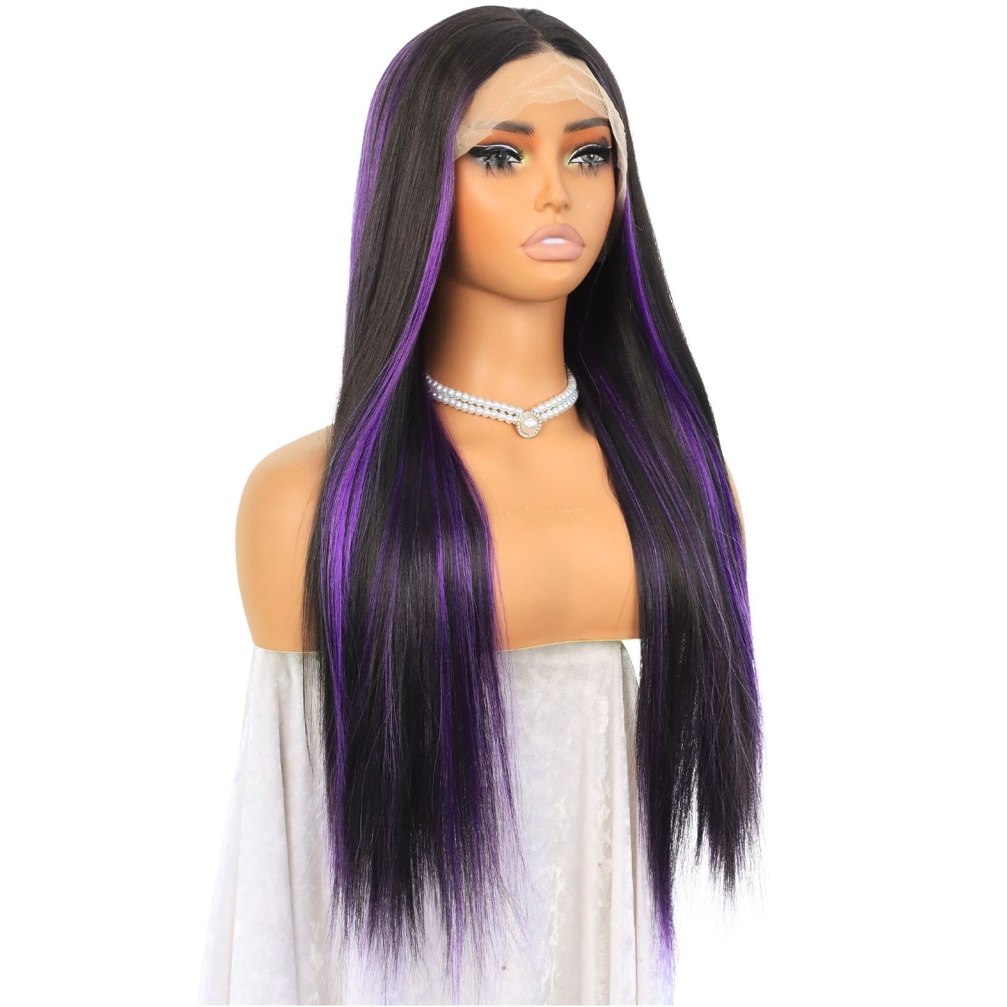 Ombre Purple Highlight Black Straight Lace Front Wig 13x4 Free Part HD Transparent Heat-Resistant Pre-Plucked Hairline 24" for Party Daily Use
