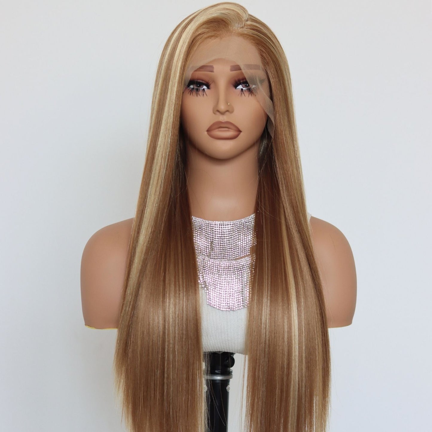 Highlight Blonde Brown Straight Synthetic Lace Front Wig 13X4 Party Daily Use 28 Inches