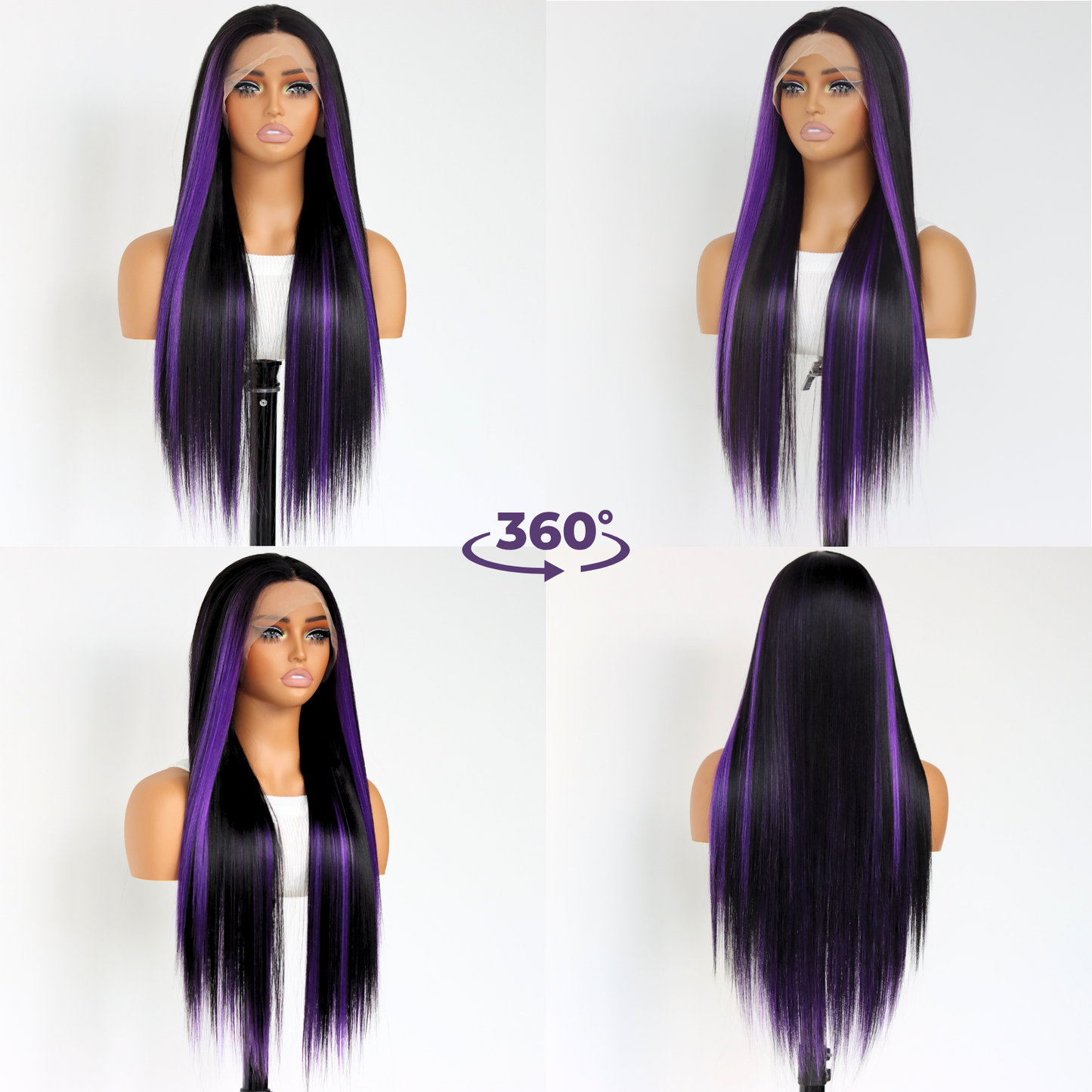 Purple Highlights Synthetic Wig Purple Skunk Stripes 13×4 Lace Front Wigs Pre Plucked Glueless Heat-resistant Fiber Suitable For Black Women Daily Party Wear(24Inch)