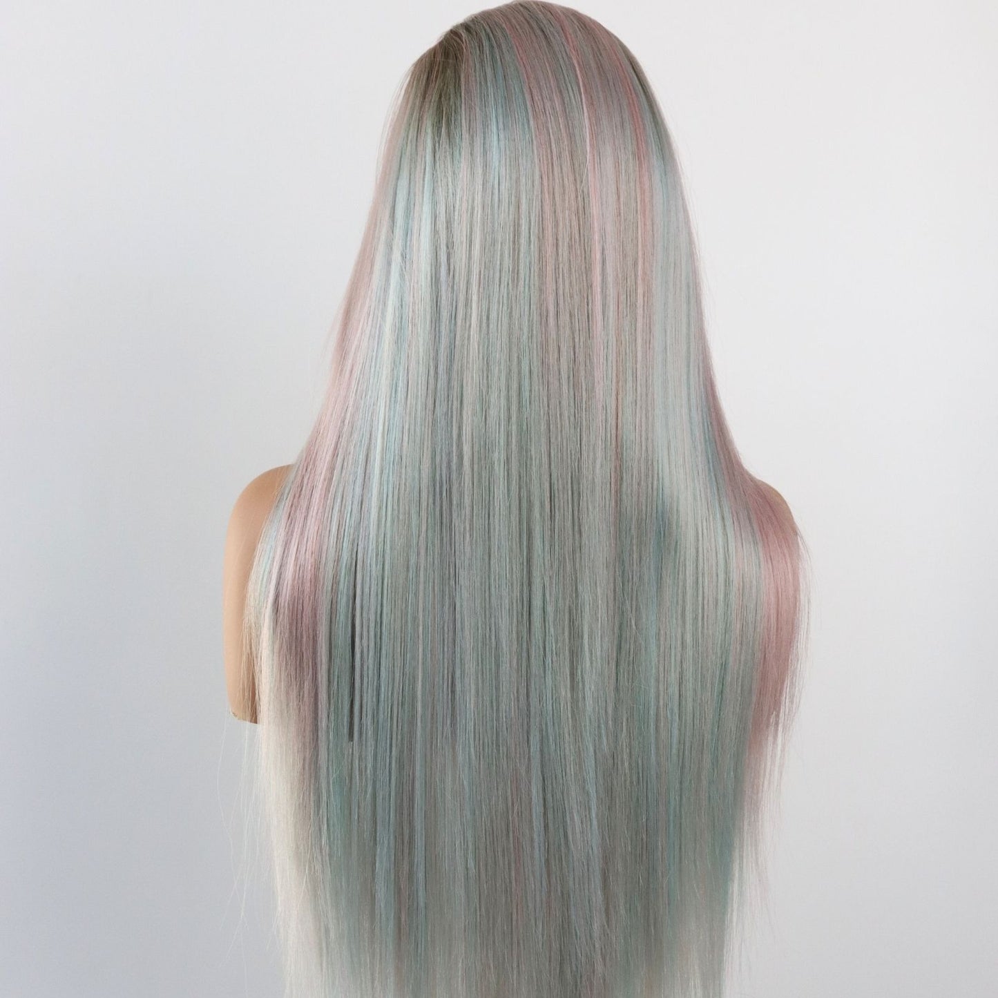 Pink Mint Green Mixed Color Straight Synthetic Lace Front Wig Ombre Brown Roots 13x4 Party Daily Use 28 Inches