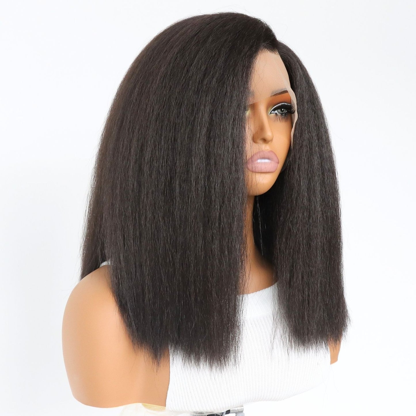 14 Inch Short Yaki Kinky Straight Lace Front Wig Dark Brown Heat-Resistant Synthetic Fiber HD Transparent Lace with 5" Deep Side Part