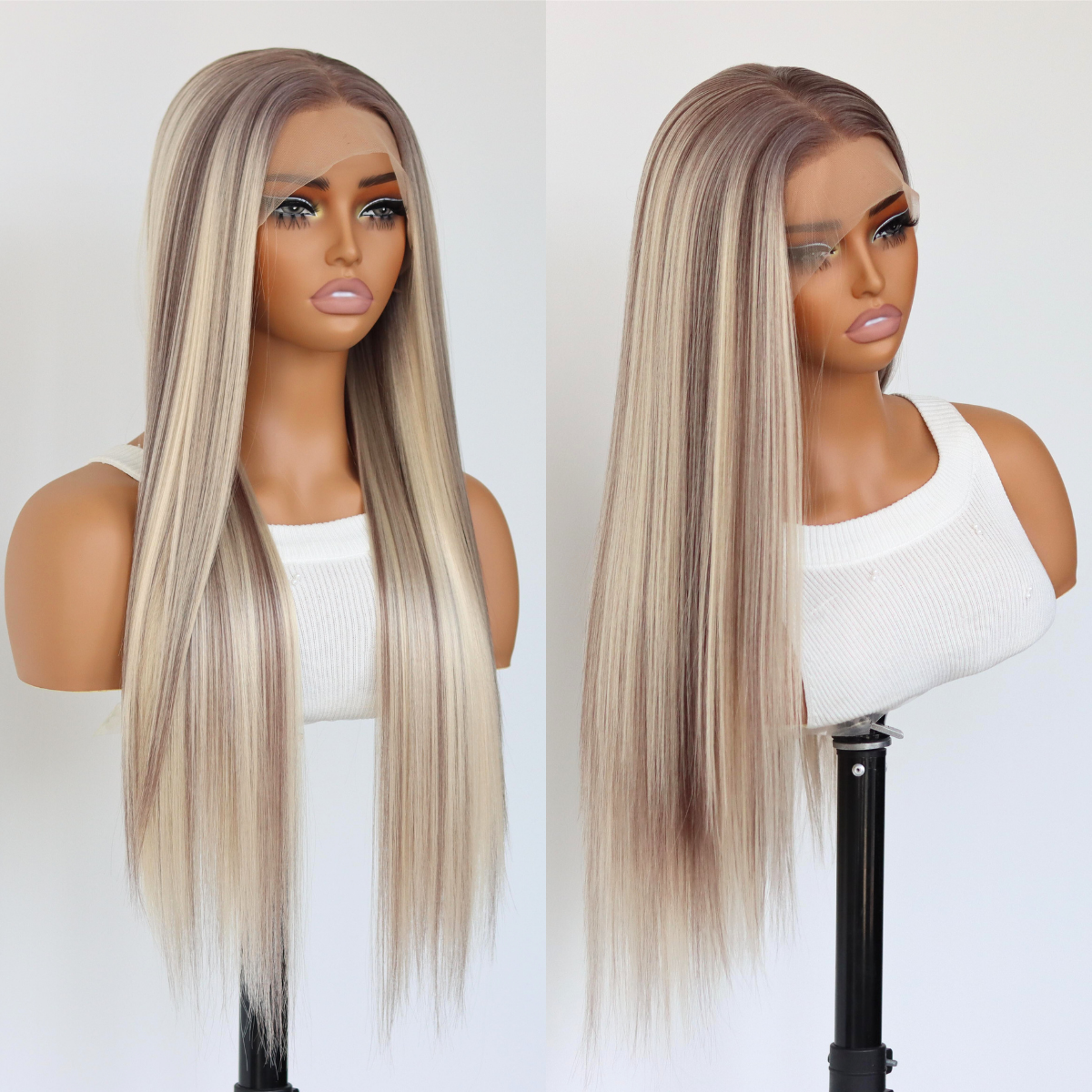 Ombre Brown Stripe Synthetic Wig Long Highlight Ash Blonde Wig 13×4 Lace Front Wigs Ombre Brown Mixed Blonde Glueless Wigs Comfortable Breathable Mesh Cap For Black Women(24Inch)