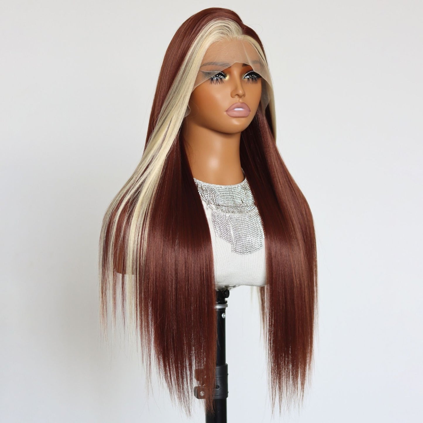 Reddish with Blonde Skunk Stripe Straight Synthetic Lace Front Wig 13X4 Party Daily Use 26 Inches