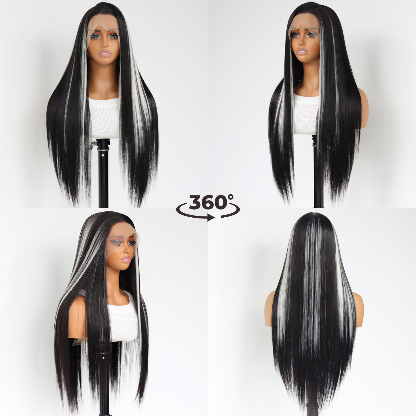 White Highlights 13×4 Lace Front Wigs White Skunk Stripes Synthetic Wig Glueless Breathable Fashion Wig Long Straight Black And white Striped Wig For Black Women(24Inch)