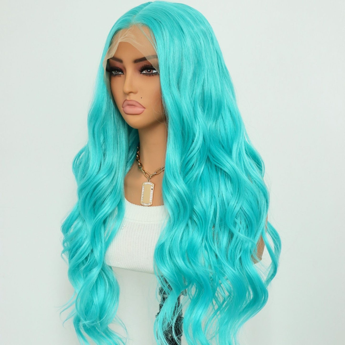 Turquoise Blue Long Body Wavy Synthetic Lace Front Wig 13x4 Pre-Plucked Hairline Free Part 24 Inches
