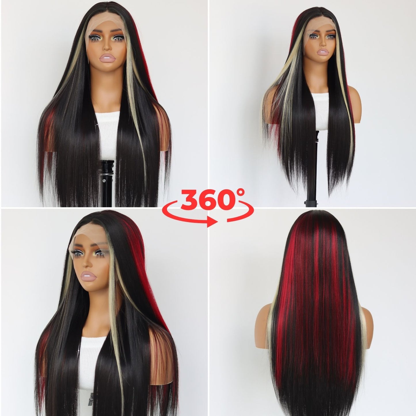 Highlight Red Blonde Black Mixed Straight Synthetic Lace Front Wig 13X4 Party Daily Use 26 Inches