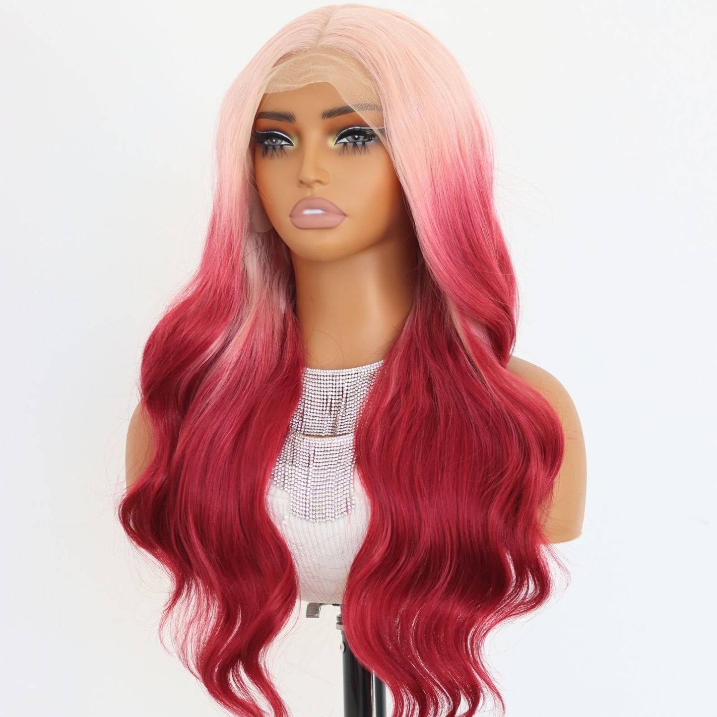 24 Inch Pink to Burgundy Ombre Wavy Synthetic Lace Front Wig Heat Resistant Fiber 13x4 Free Part Pre-Plucked Hairline Natural Look