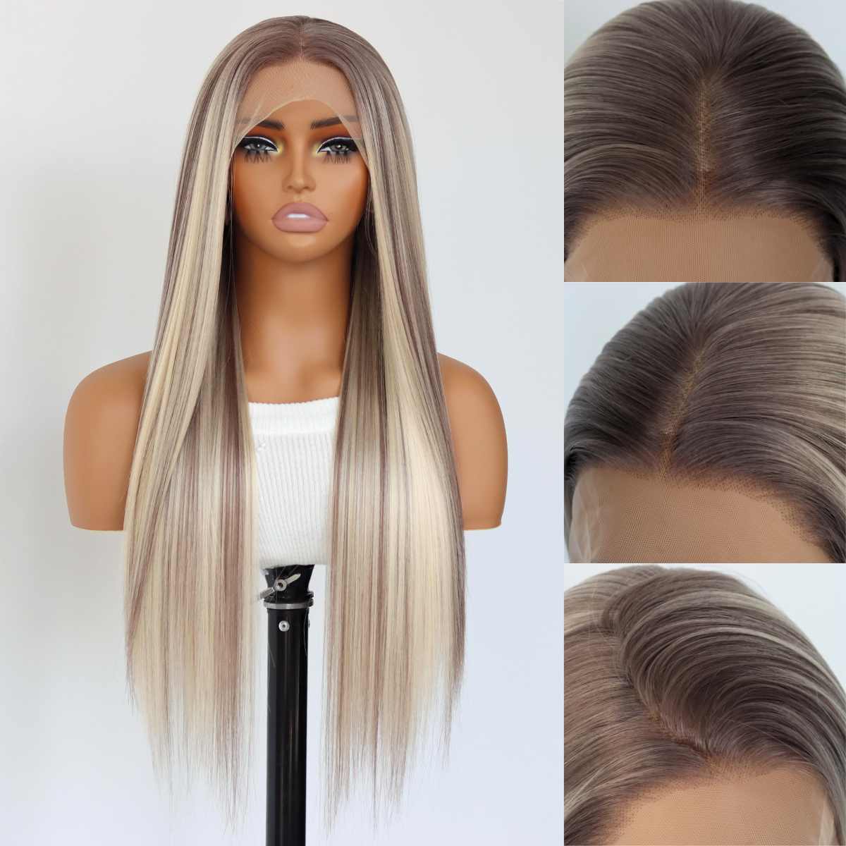 Ombre Brown Stripe Synthetic Wig Long Highlight Ash Blonde Wig 13×4 Lace Front Wigs Ombre Brown Mixed Blonde Glueless Wigs Comfortable Breathable Mesh Cap For Black Women(24Inch)