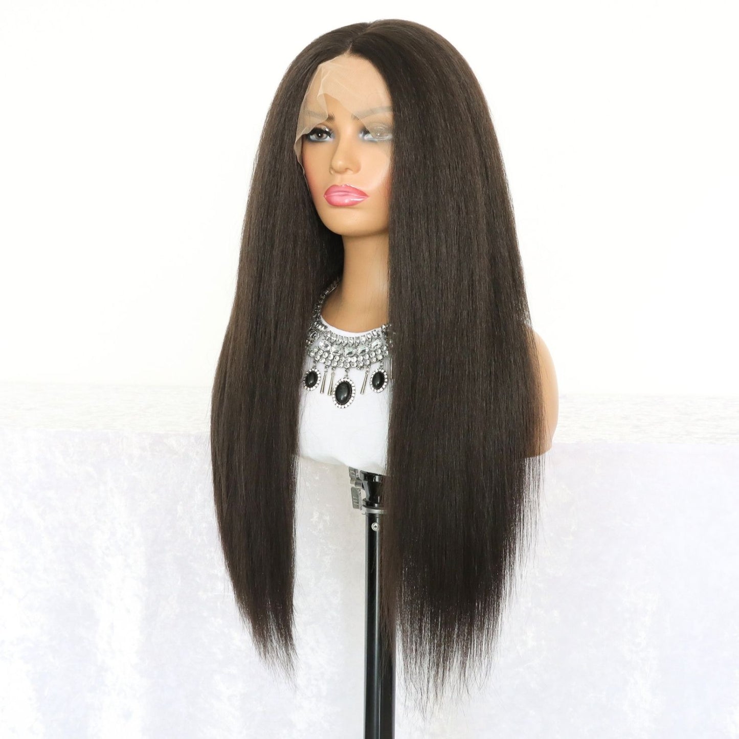 Long Yaki Straight Synthetic Lace Front Wig 13x4, 24" Black Heat-Resistant Fiber, Free Part, Natural Look